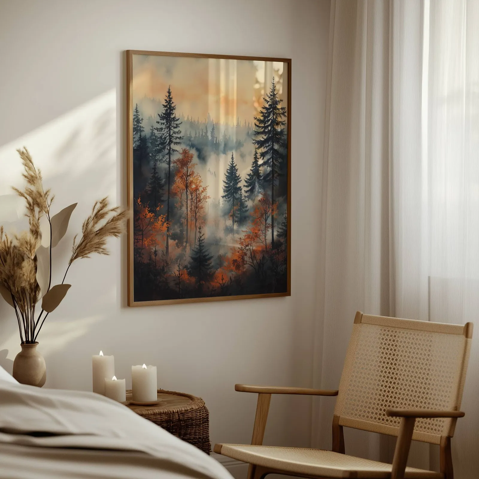 moody misty forest wall art in orange and grey, above a woven side table with lit candles and pampas grass