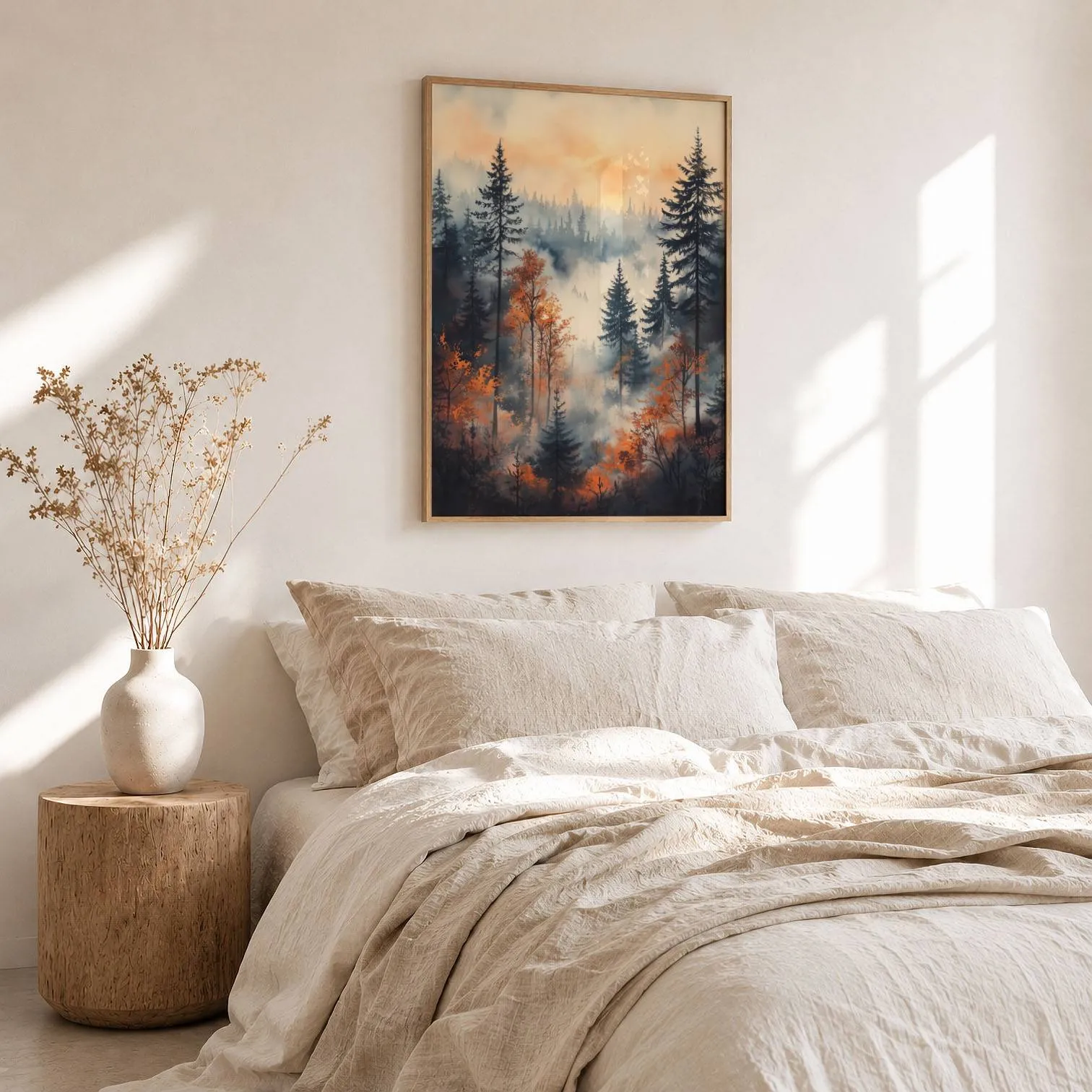 moody misty forest wall art in orange and grey, above a rumpled linen bed beside a stump side table