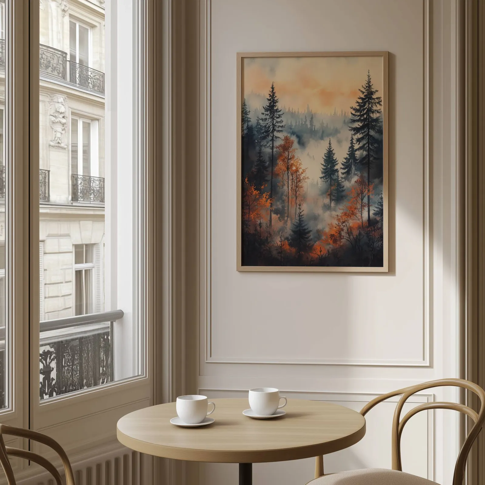 moody misty forest wall art in orange and grey, above a round café table set with two coffee cups