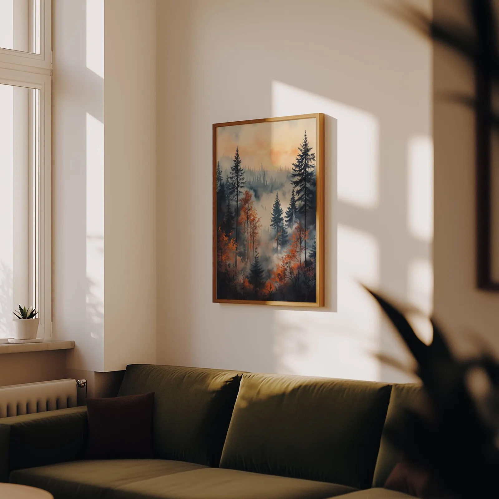 moody misty forest wall art in orange and grey, above an olive velvet sofa in raking afternoon light