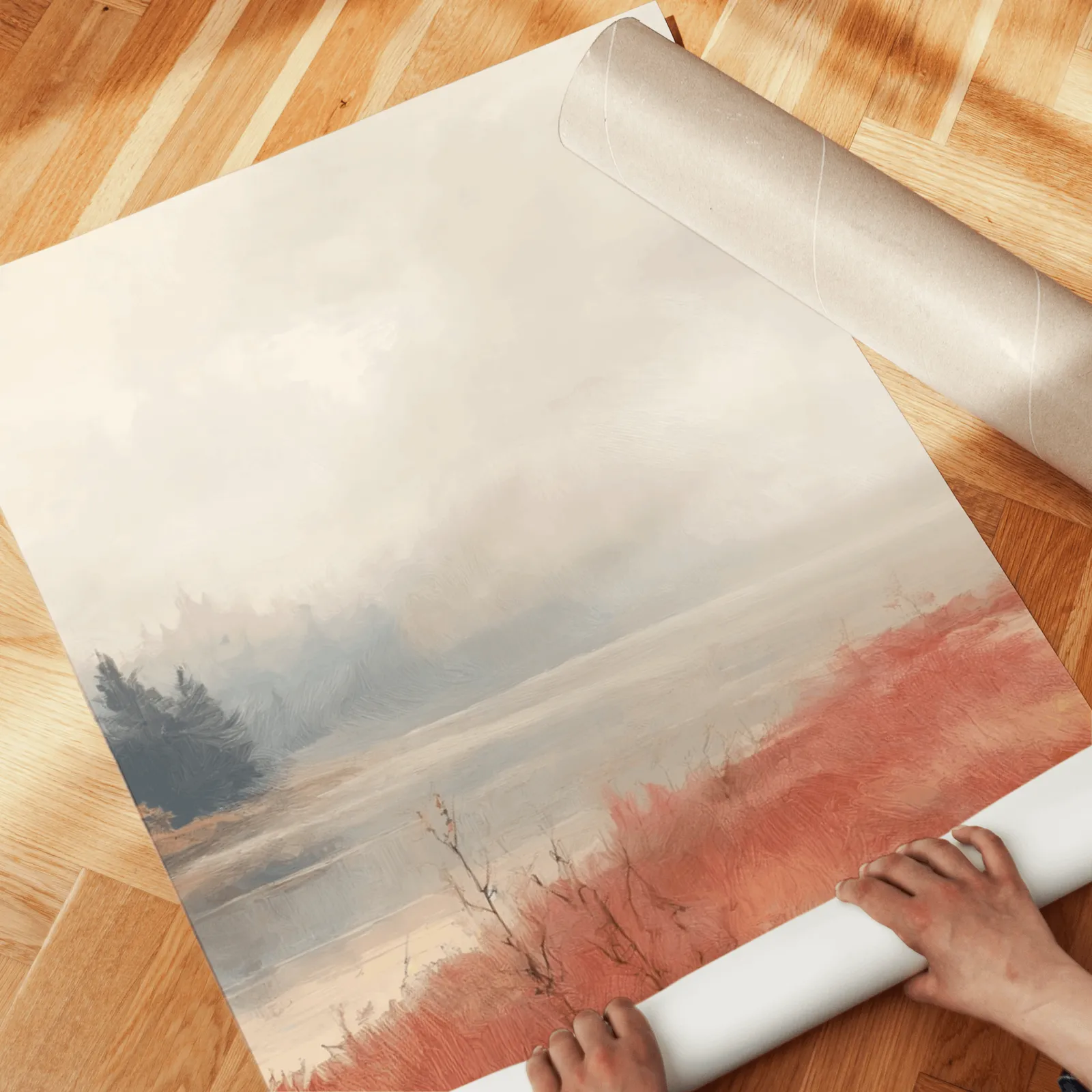 terracotta autumn landscape triptych wall art, unrolled across a herringbone wood floor by hand