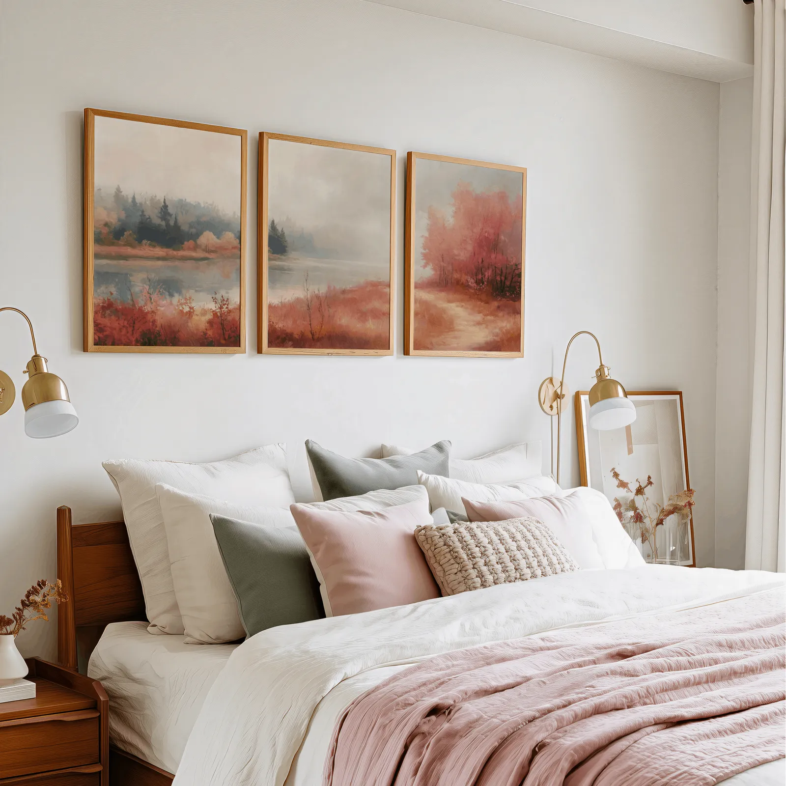 terracotta autumn landscape triptych wall art, in a row above a pink and cream bed with brass sconces