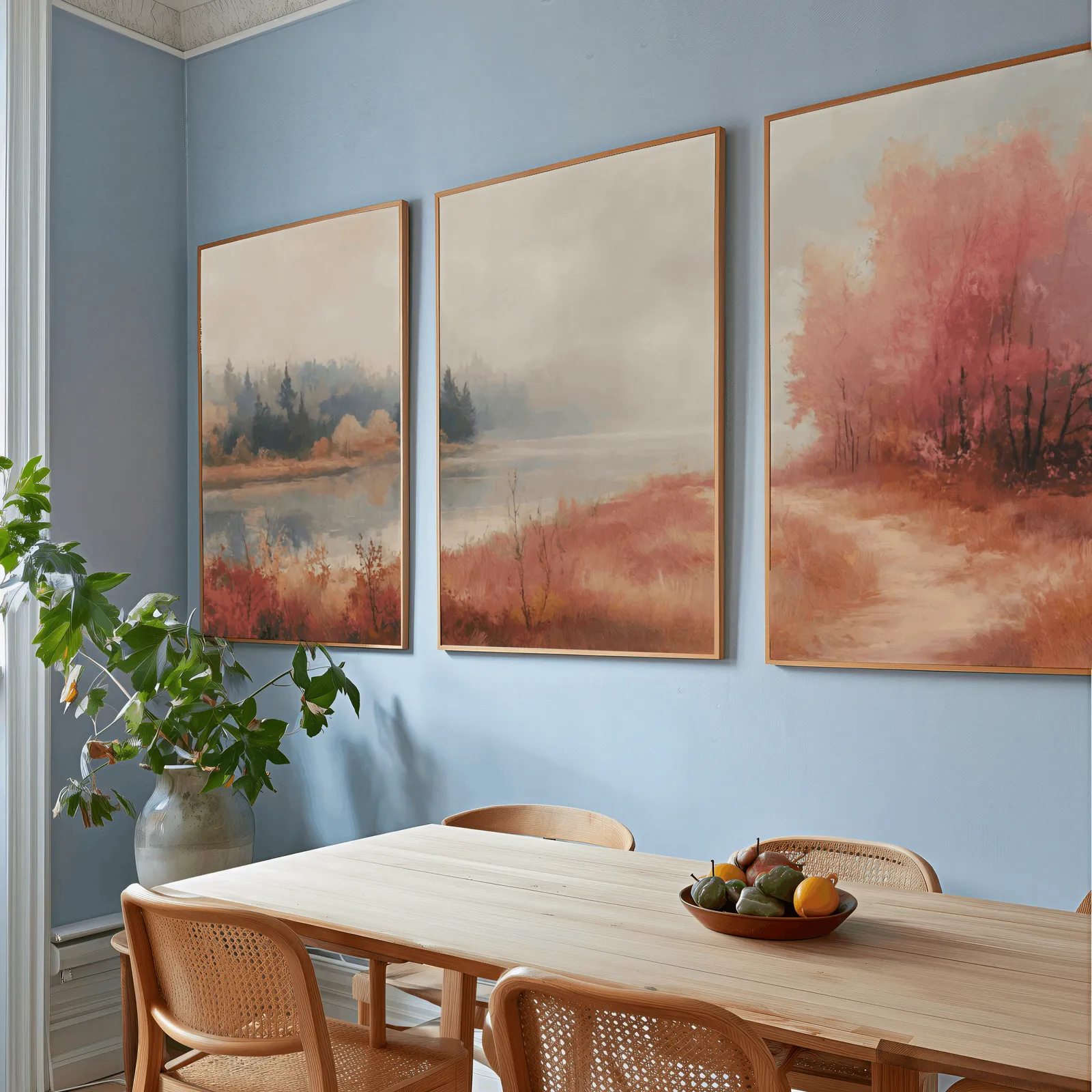 terracotta autumn landscape triptych wall art, above a wooden dining table with cane chairs and a fruit bowl