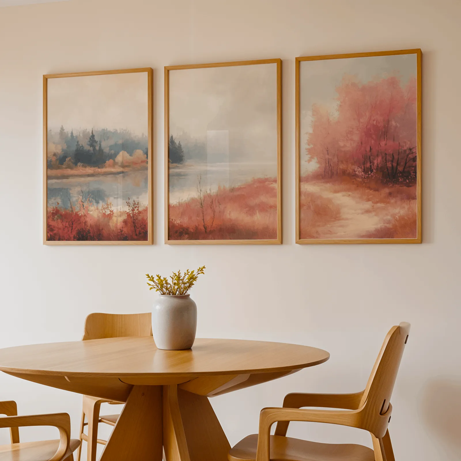 terracotta autumn landscape triptych wall art, above a round wooden table with a stoneware vase
