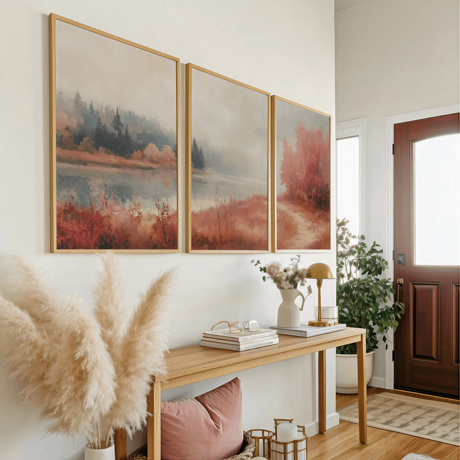 terracotta autumn landscape triptych wall art, above a wooden console table near the entry door