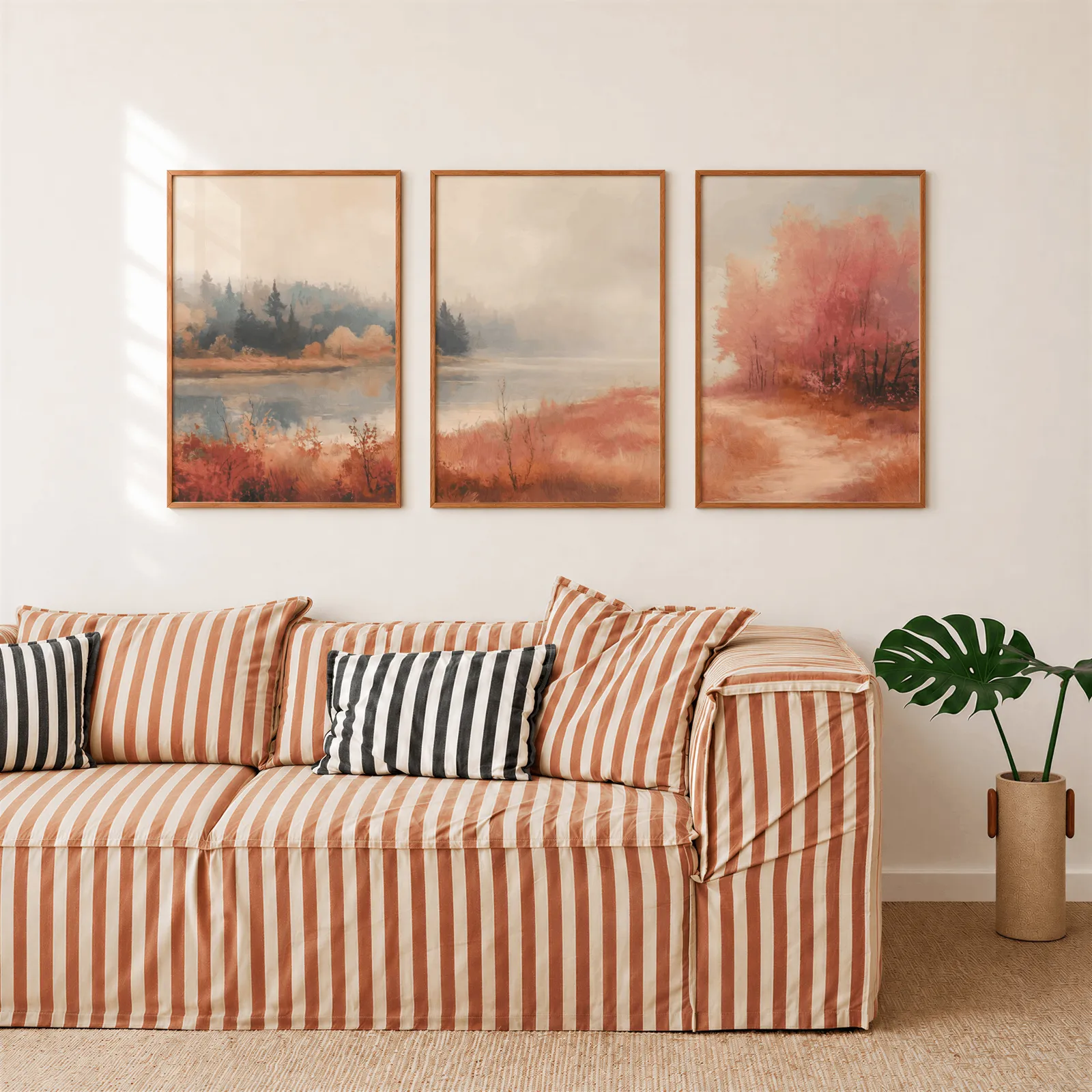 terracotta autumn landscape triptych wall art, above a rust-striped sofa beside a potted monstera