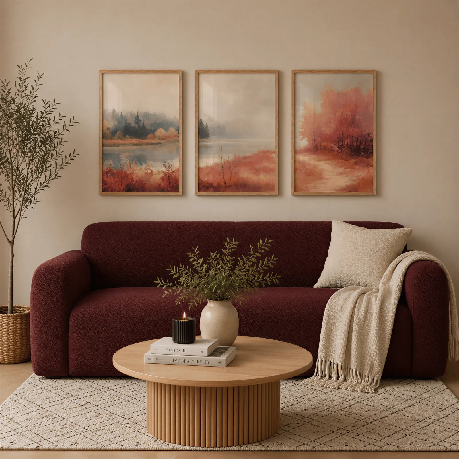 terracotta autumn landscape triptych wall art, above a burgundy boucle sofa with a cream throw