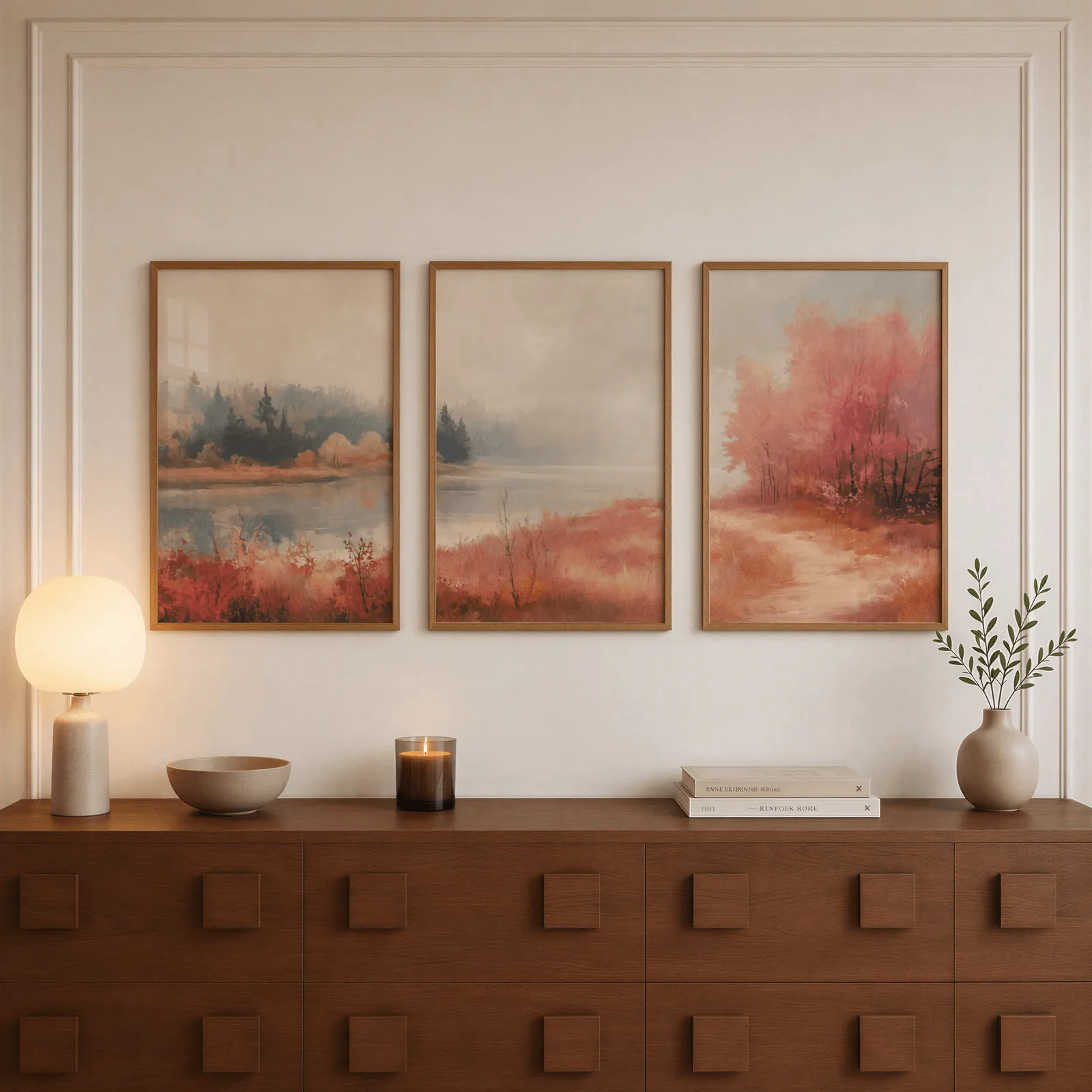 terracotta autumn landscape triptych wall art, above a walnut sideboard with a lit candle and glowing lamp