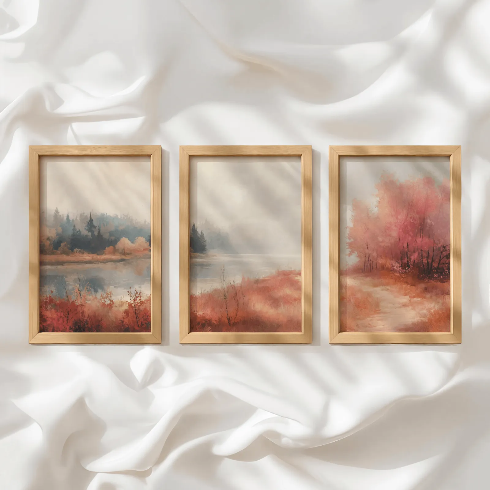 terracotta autumn landscape triptych wall art, in a row atop rumpled white silky fabric