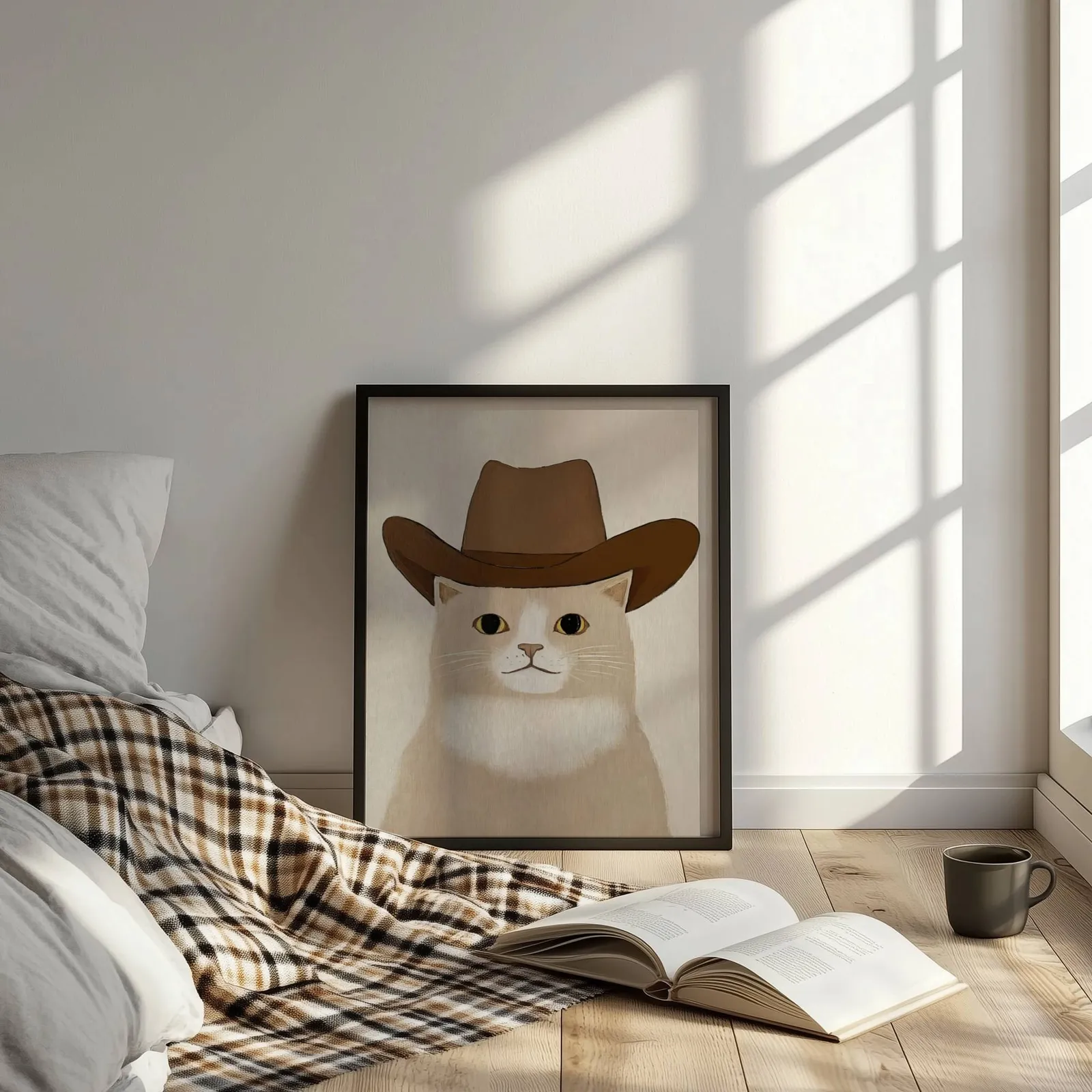 cat in cowboy hat western wall art, leaning on the floor beside a plaid throw and open book