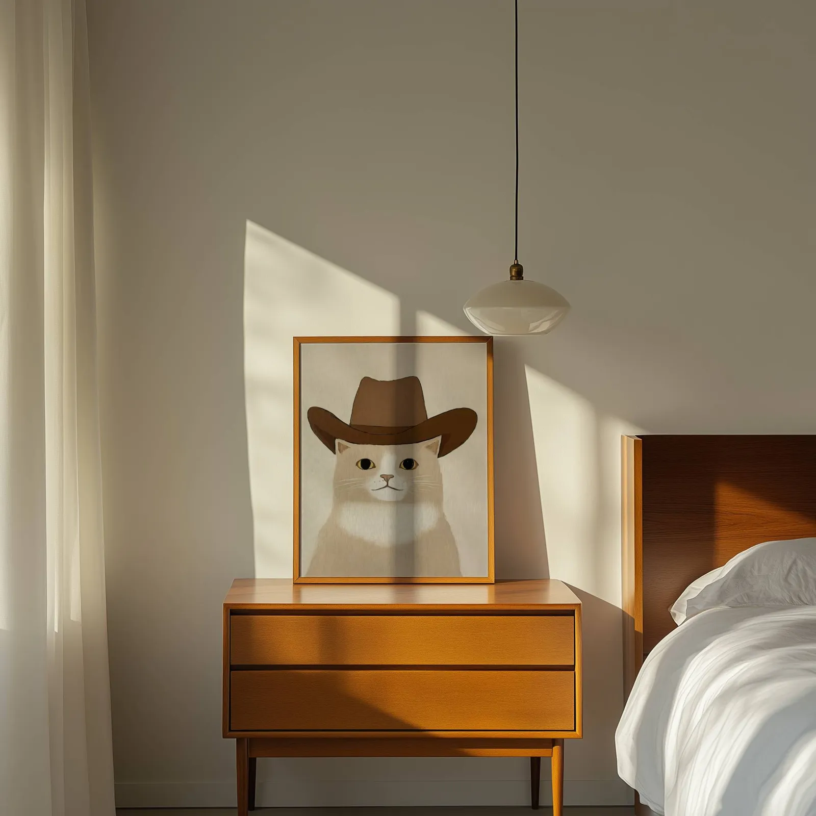 cat in cowboy hat western wall art, propped on a wooden dresser beside a pendant lamp