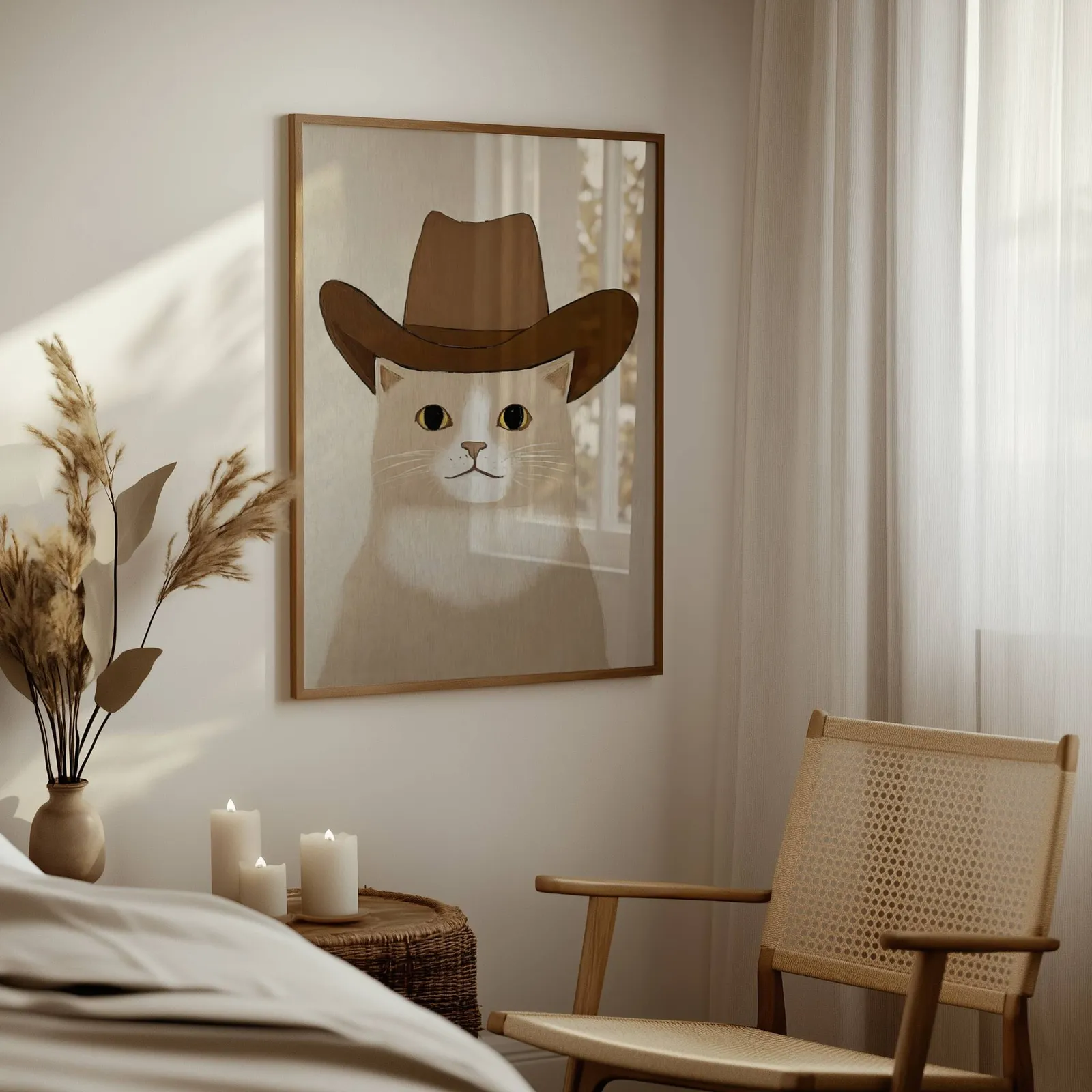 cat in cowboy hat western wall art, above a woven side table with lit candles and pampas grass
