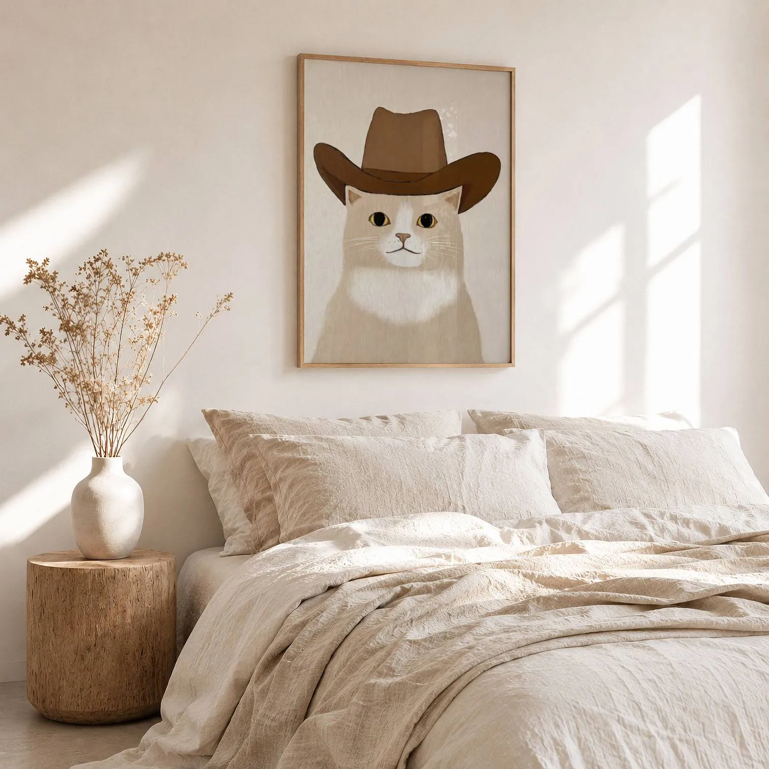 cat in cowboy hat western wall art, above a rumpled linen bed beside a stump side table
