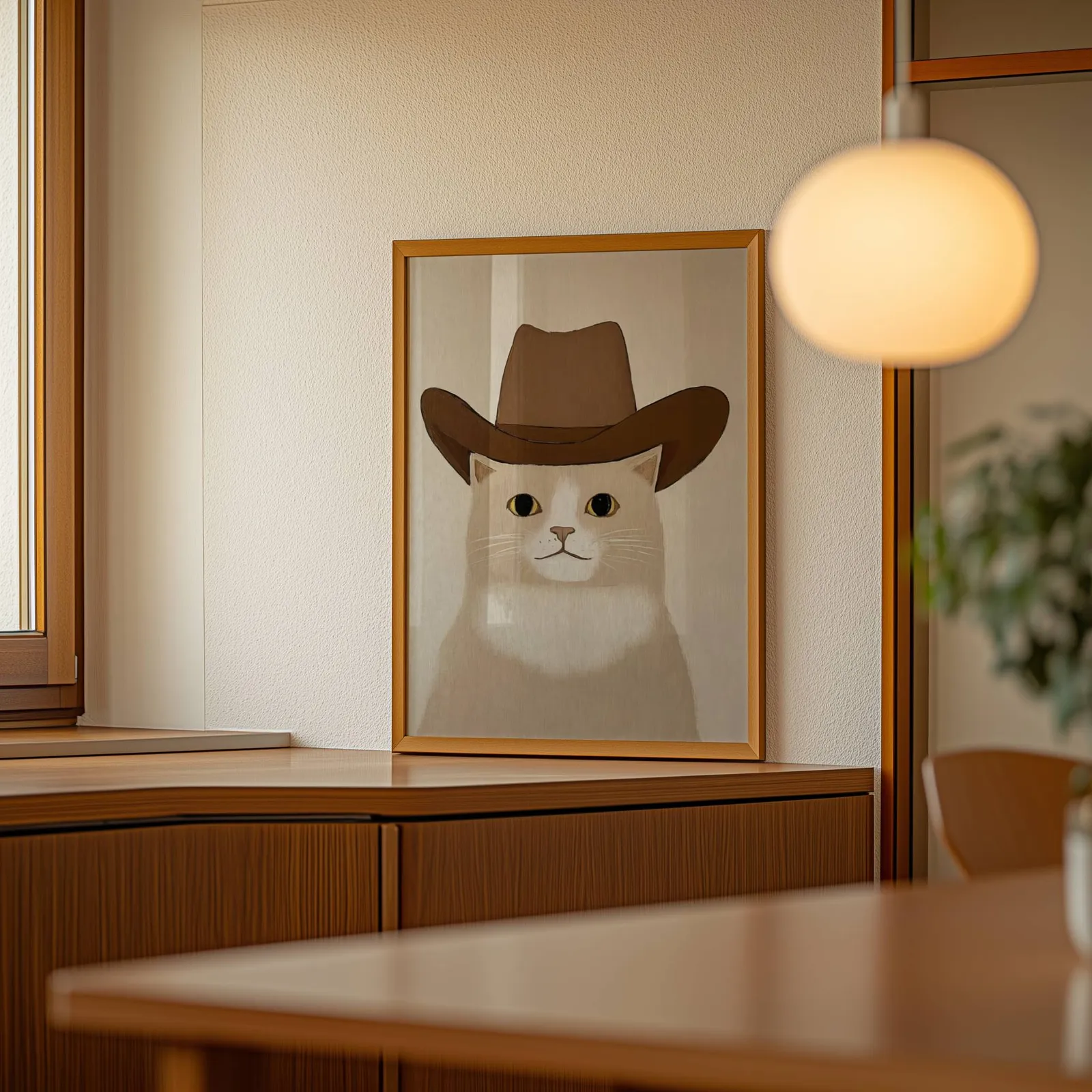 cat in cowboy hat western wall art, leaning on a wooden sideboard beside a glowing globe pendant