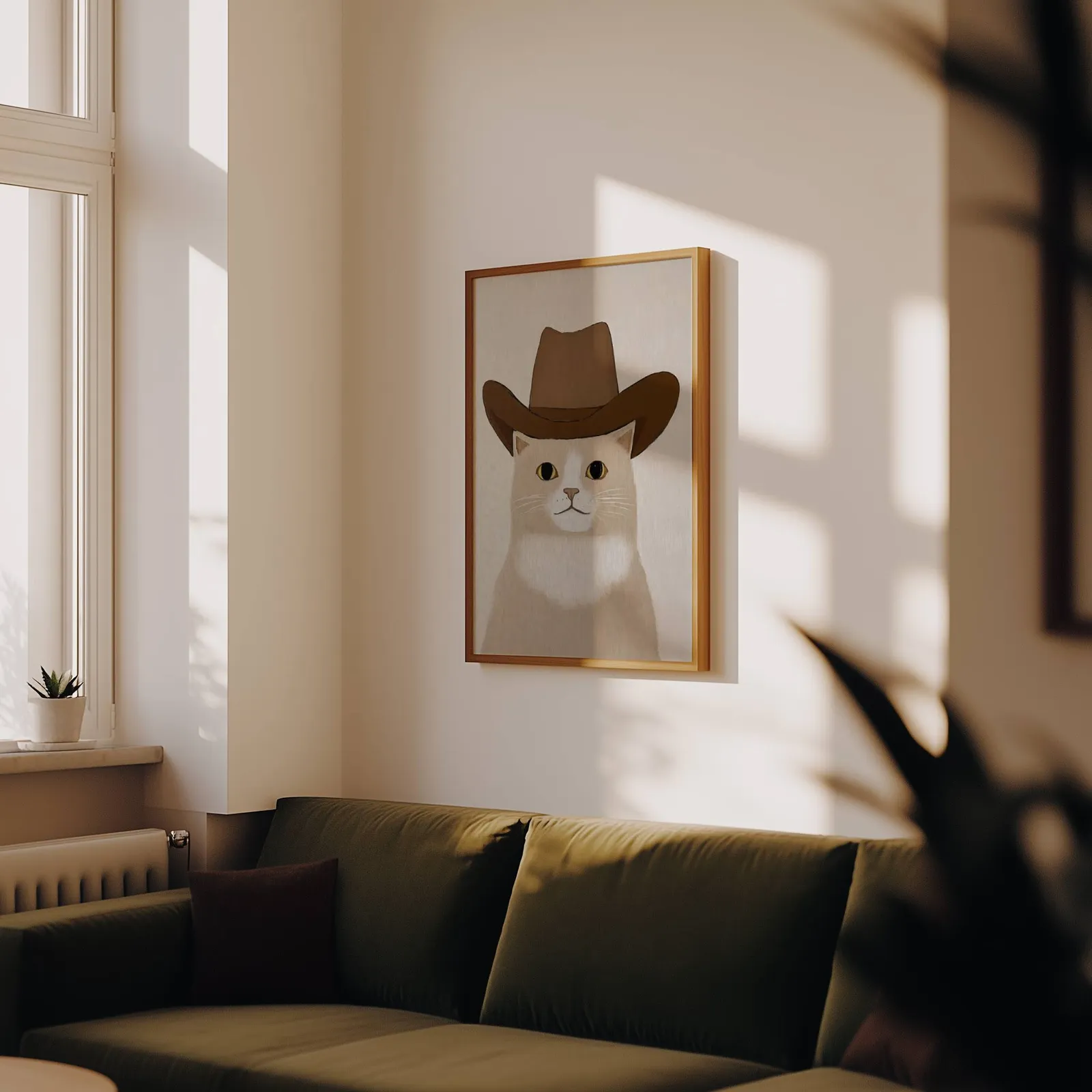 cat in cowboy hat western wall art, above an olive velvet sofa in raking afternoon light