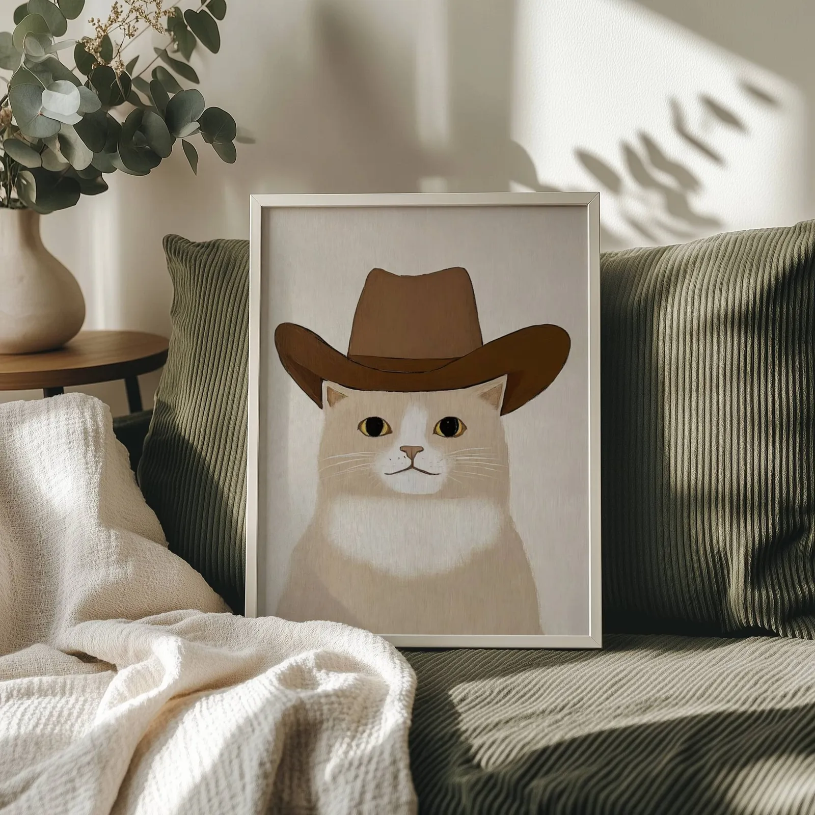cat in cowboy hat western wall art, propped on an olive corduroy sofa beside a eucalyptus vase
