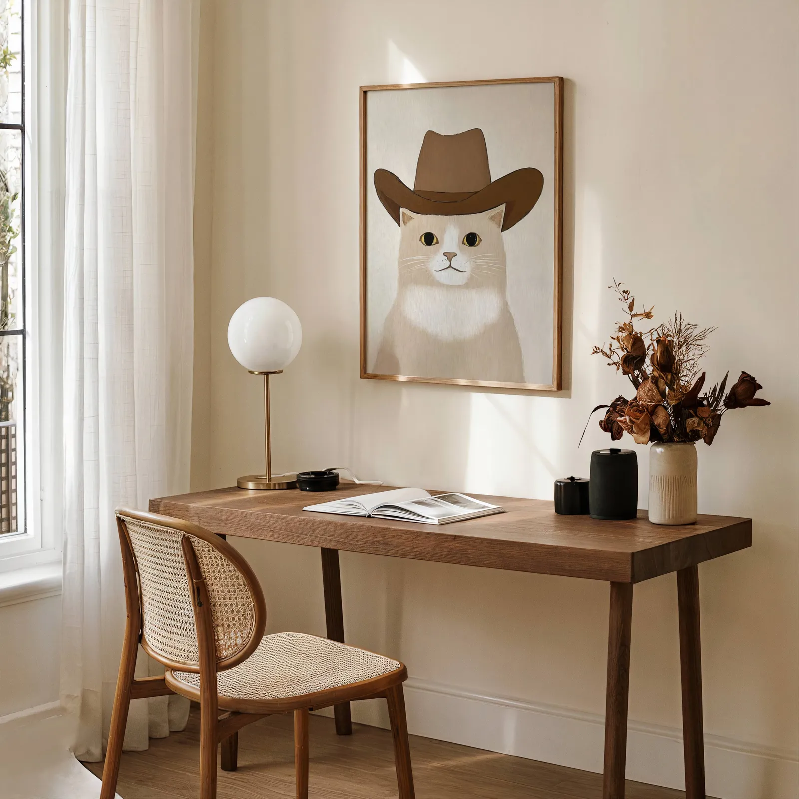 cat in cowboy hat western wall art, above a wooden desk with a globe lamp and dried flowers