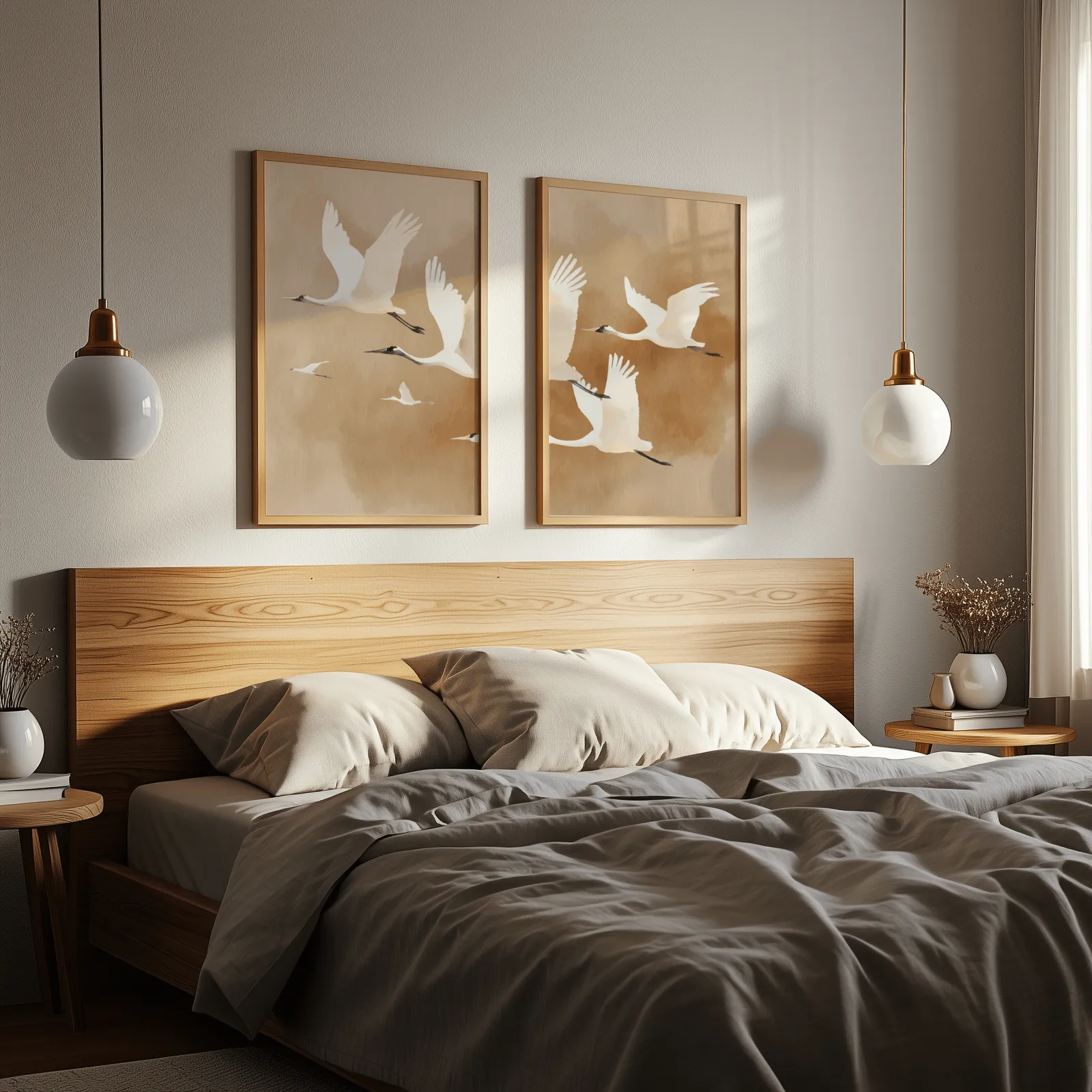 beige crane wall art set of two, above a wooden headboard flanked by globe pendant lights