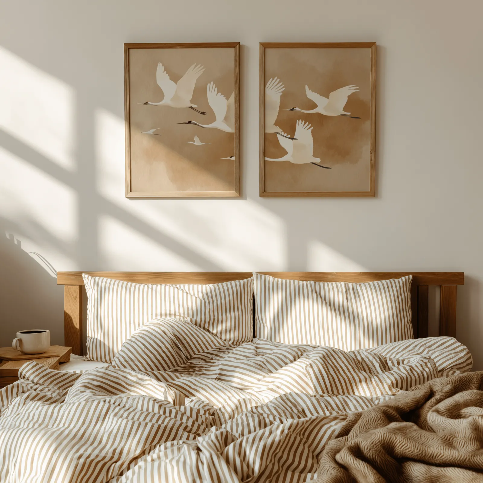 beige crane wall art set of two, above a wooden headboard with striped bedding and raking sunlight