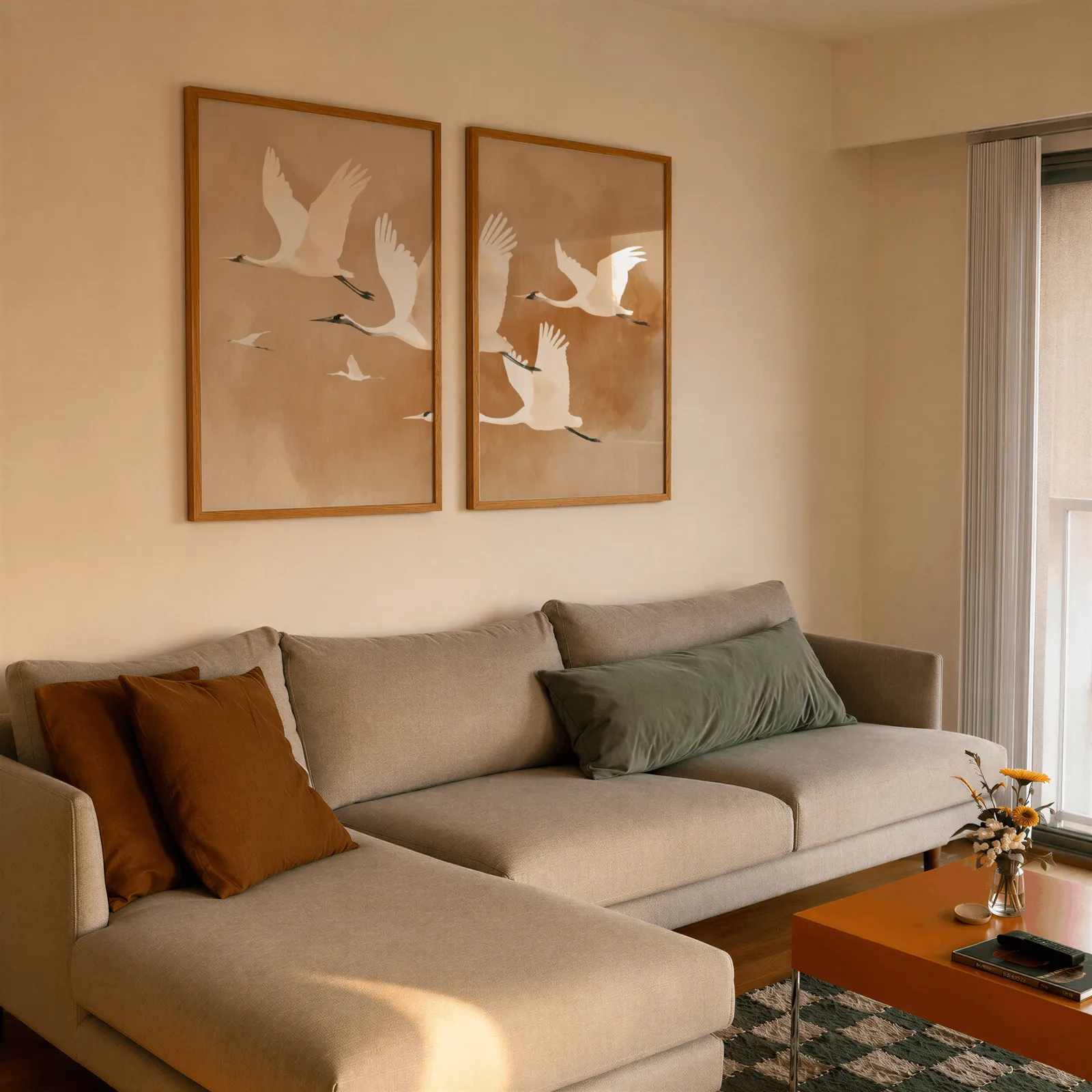 beige crane wall art set of two, side by side above a beige sectional sofa