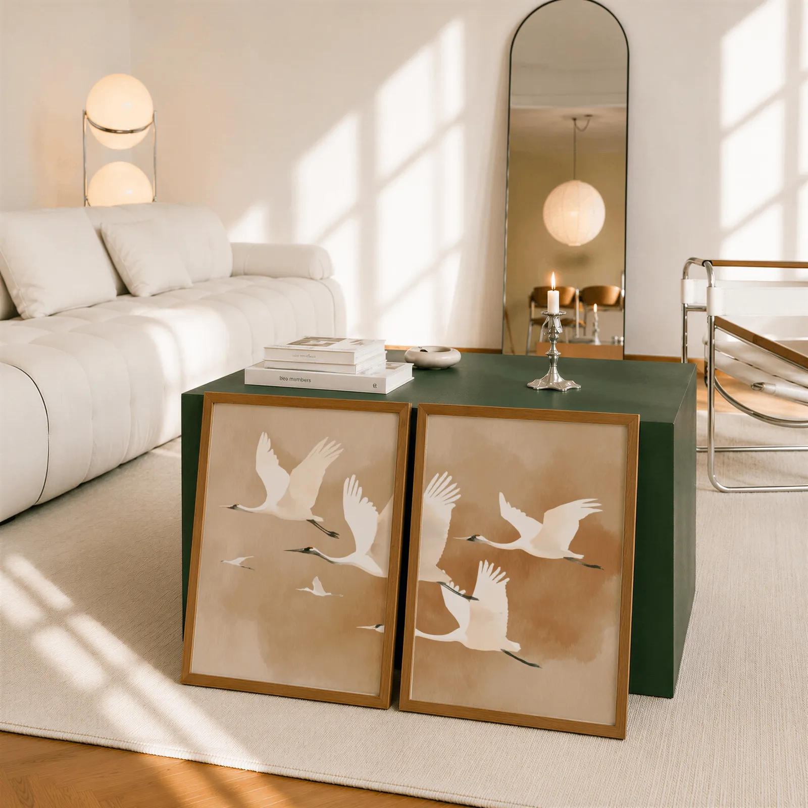 beige crane wall art set of two, leaning against a dark green cube table beside an arched mirror