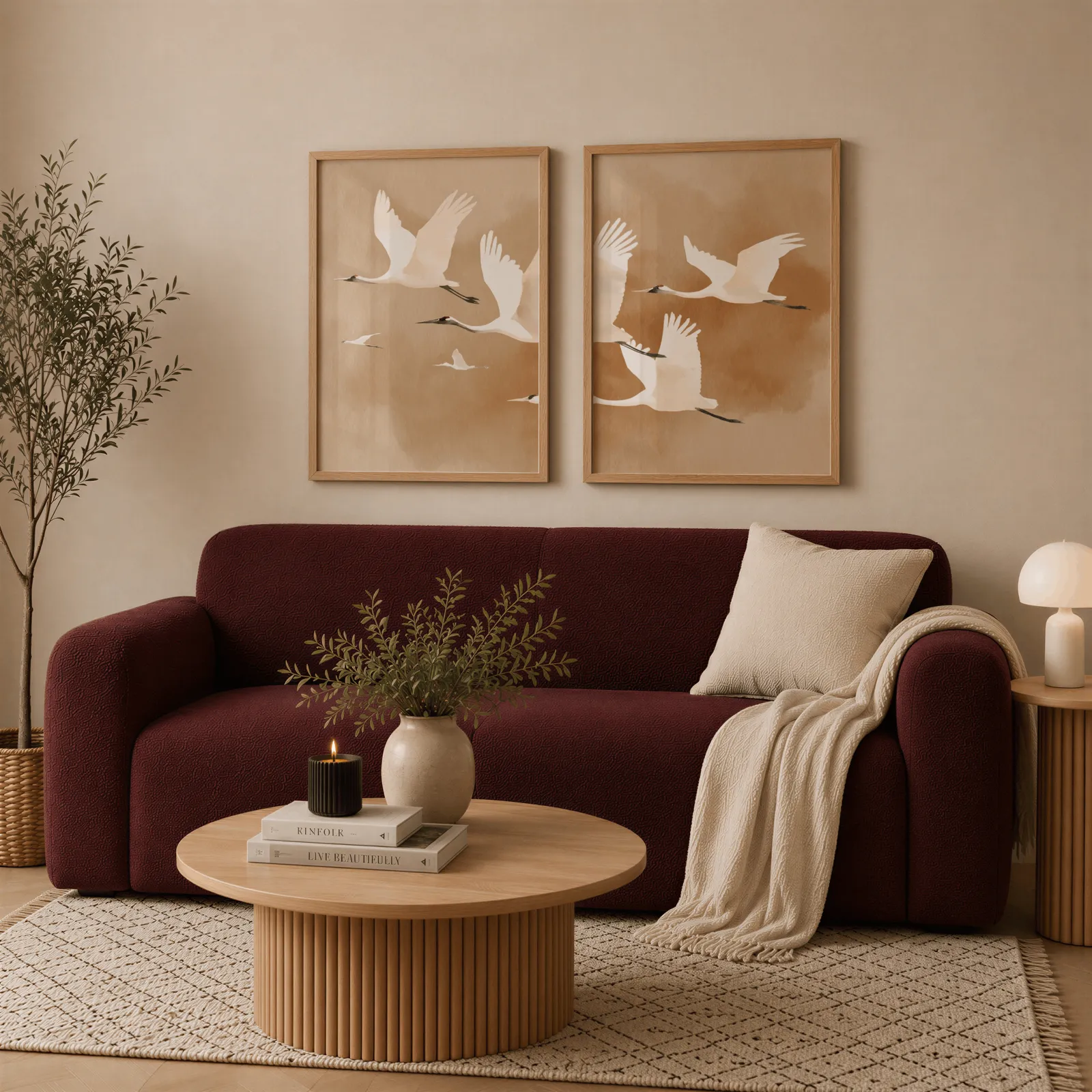 beige crane wall art set of two, above a deep burgundy boucle sofa with cream throw