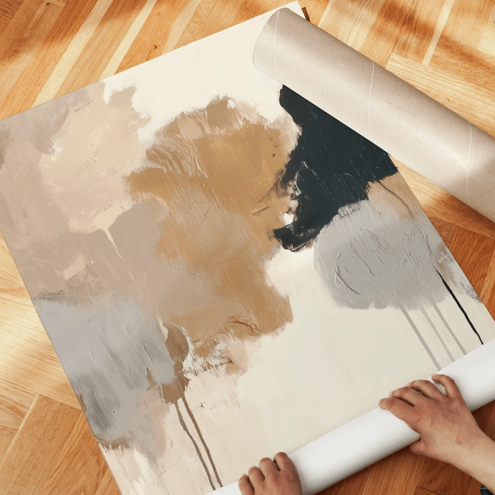 neutral abstract triptych wall art in beige and black, unrolled across a herringbone wood floor by hand