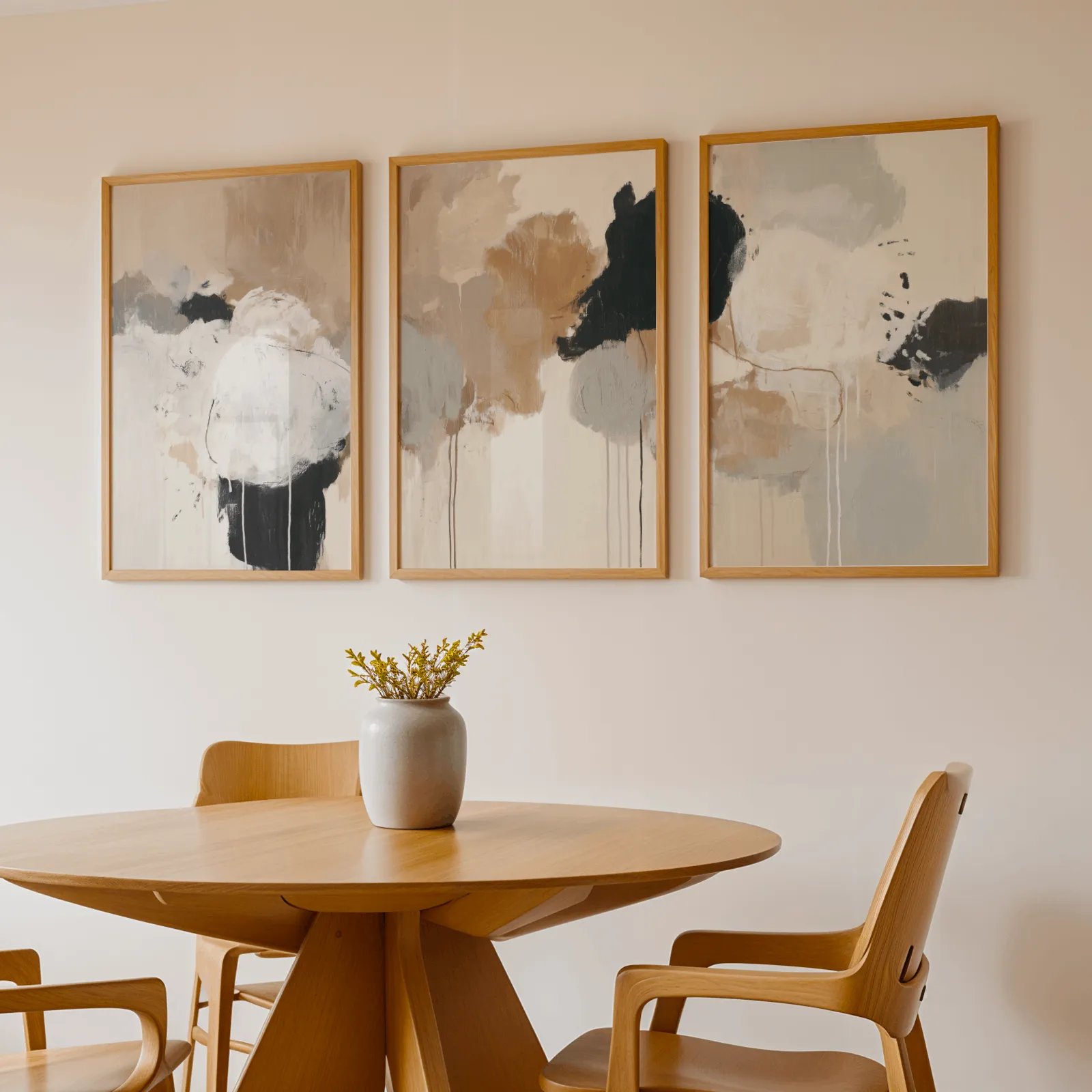 neutral abstract triptych wall art in beige and black, above a round wooden table with a stoneware vase