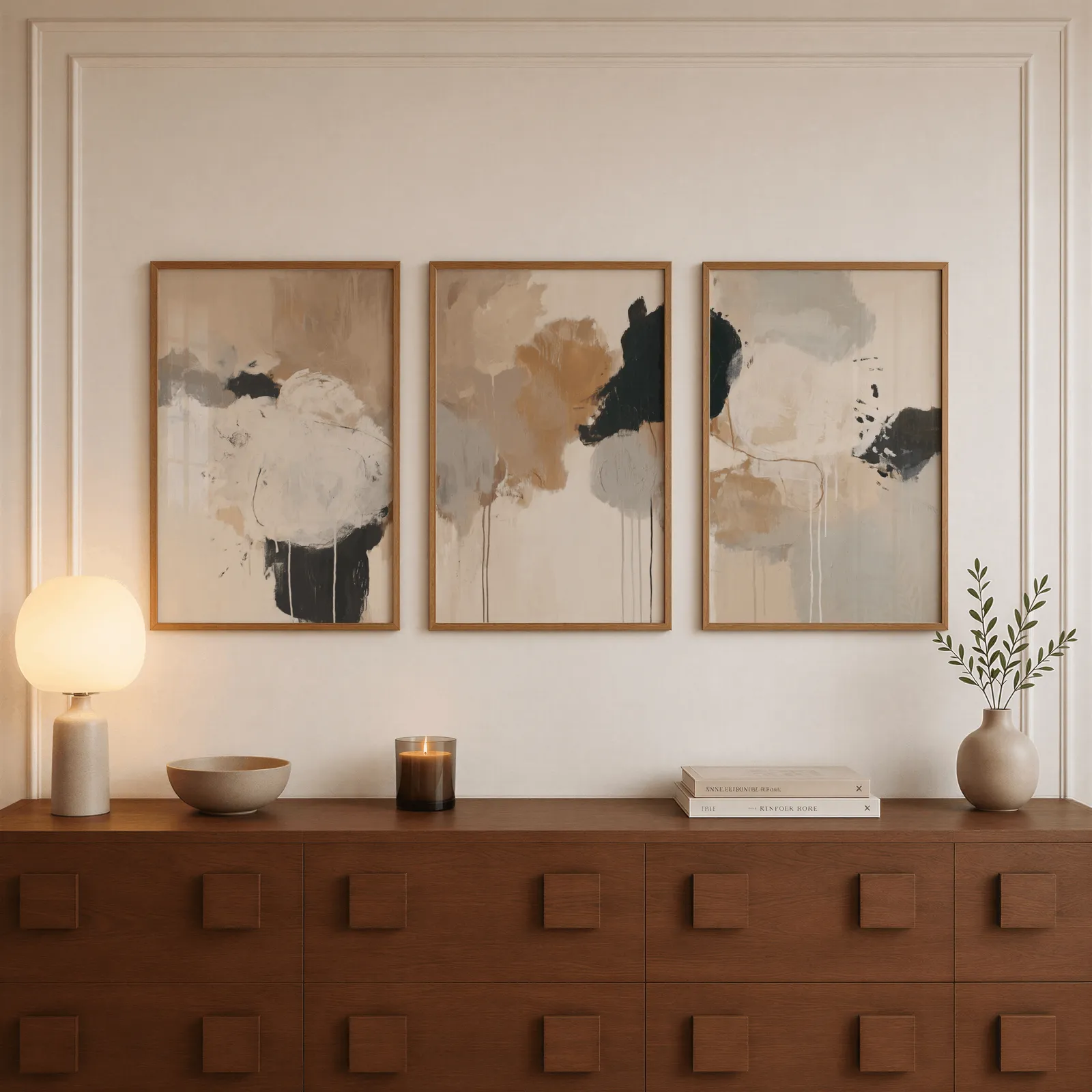 neutral abstract triptych wall art in beige and black, above a walnut sideboard with a lit candle and glowing lamp