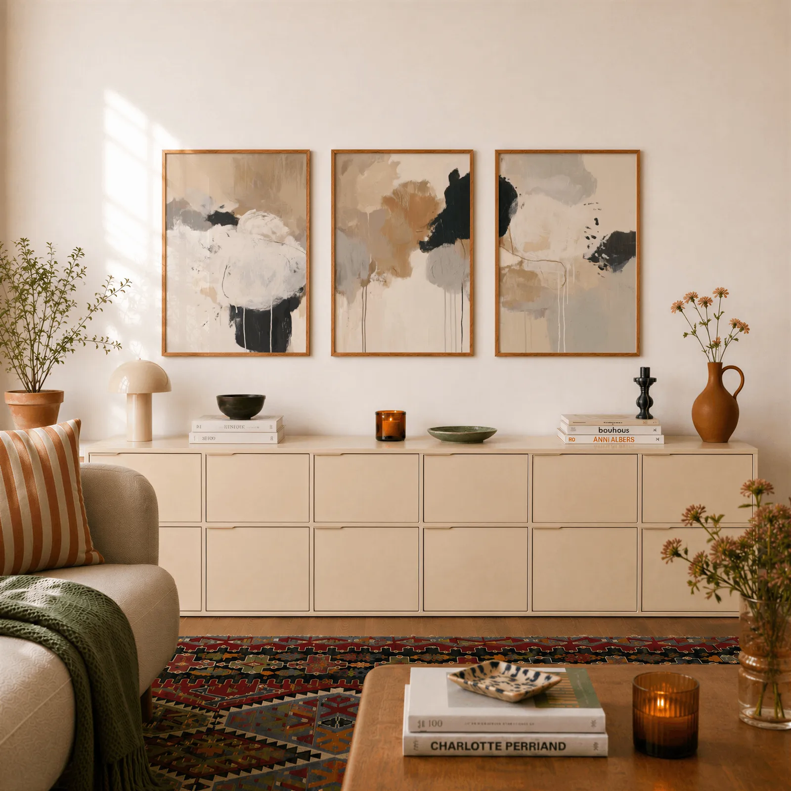 neutral abstract triptych wall art in beige and black, above a long cream sideboard topped with books and a terracotta jug