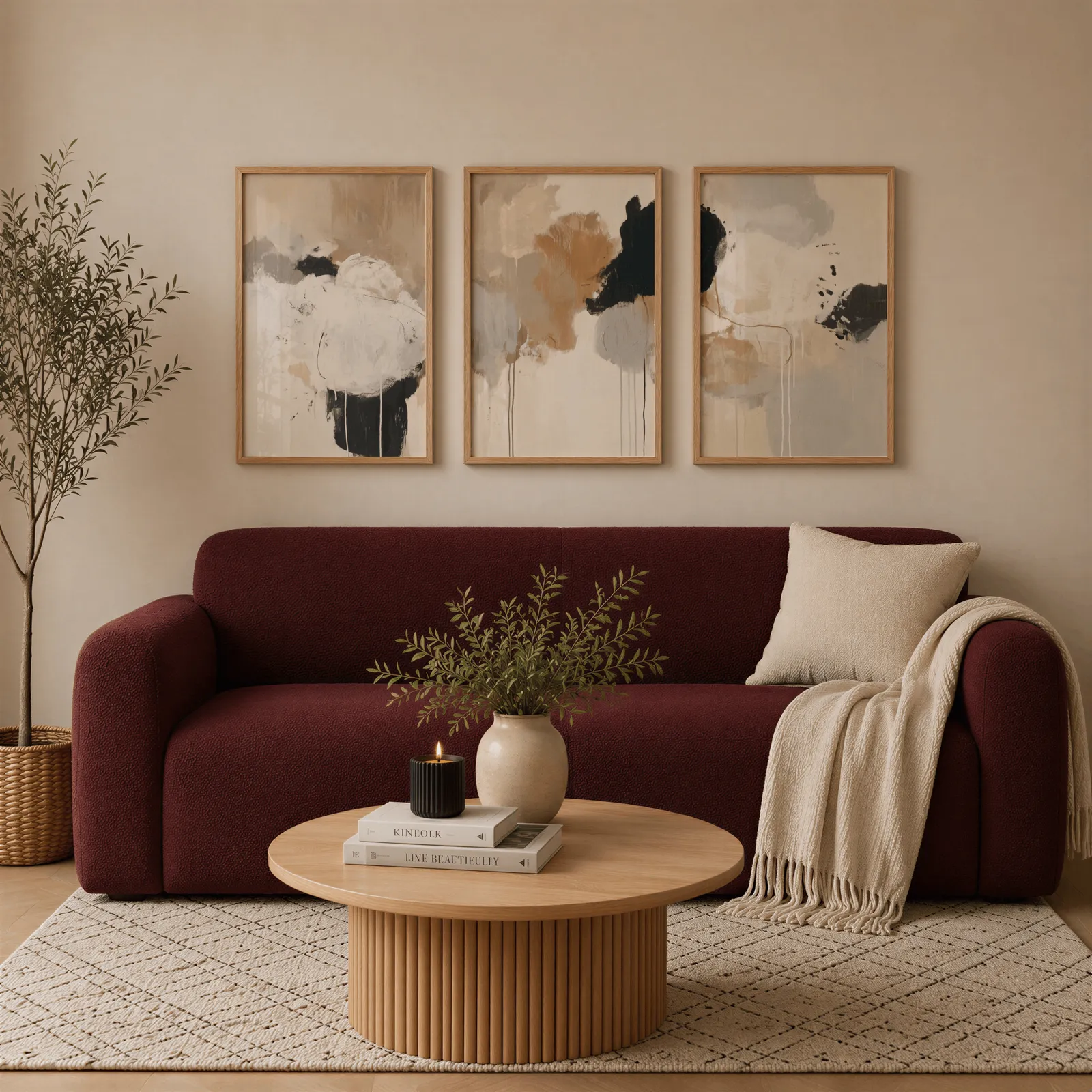 neutral abstract triptych wall art in beige and black, above a burgundy boucle sofa with a cream throw