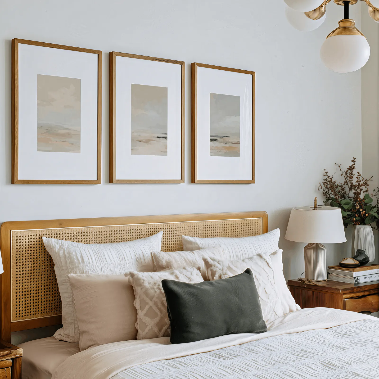 neutral coastal landscape triptych wall art, above a rattan headboard piled with pillows