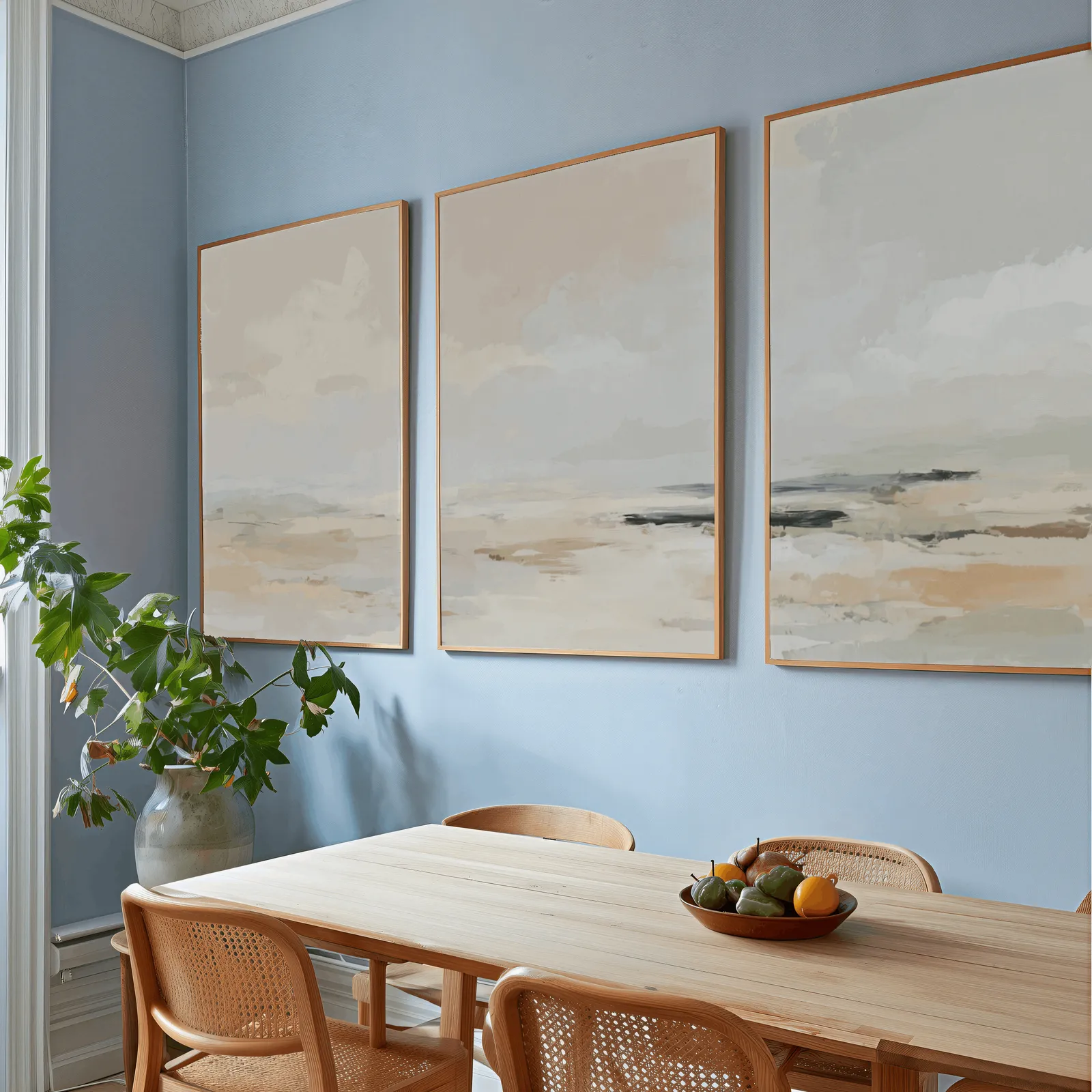 neutral coastal landscape triptych wall art, above a wooden dining table with cane chairs and a fruit bowl
