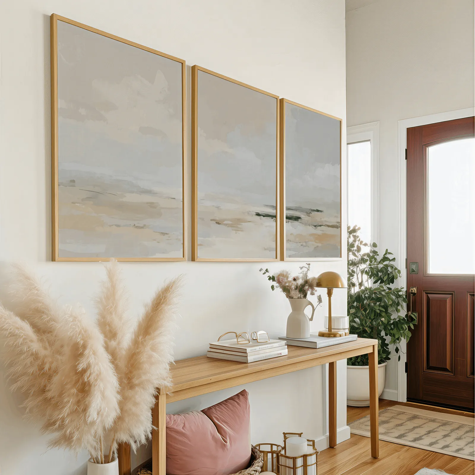 neutral coastal landscape triptych wall art, above a wooden console table near the entry door
