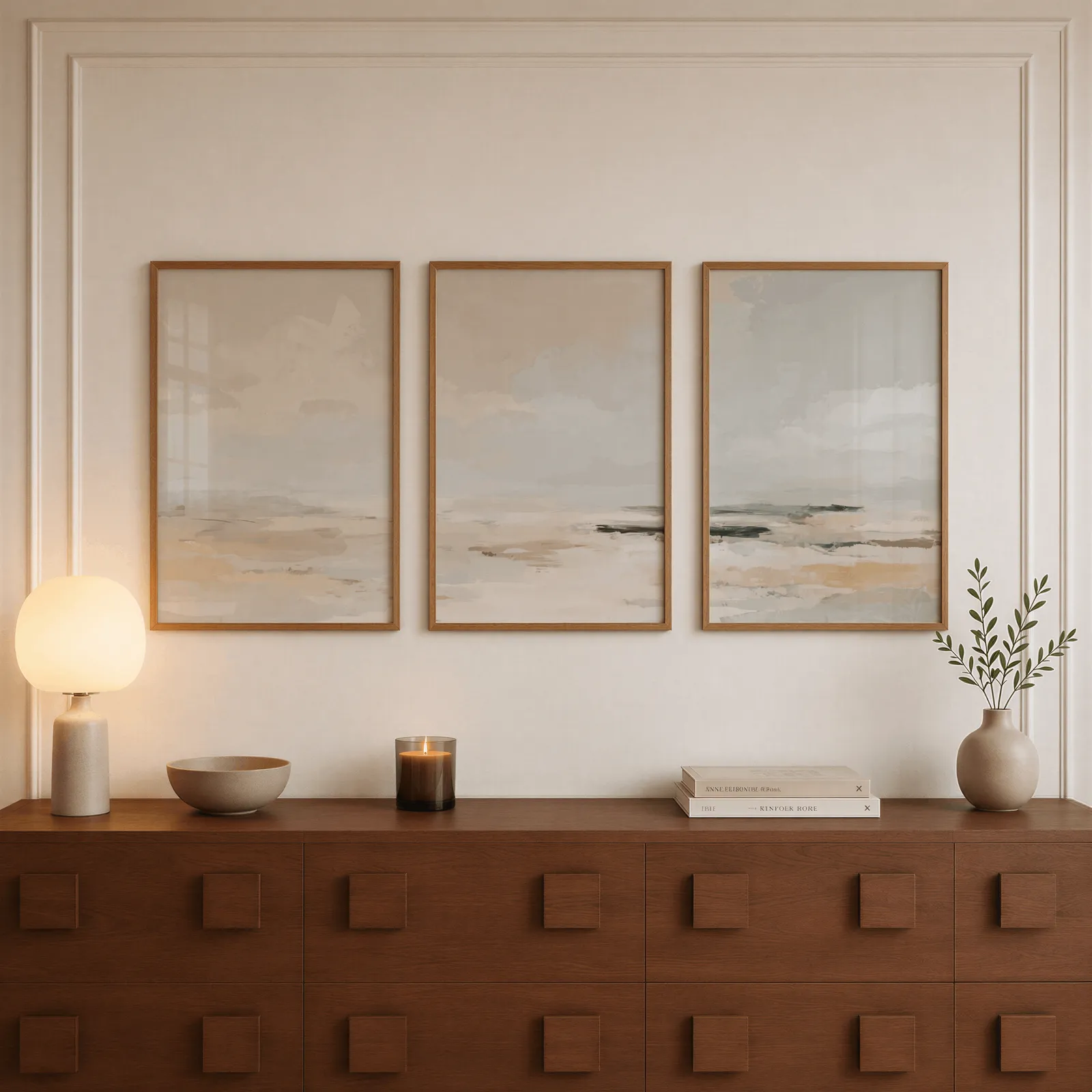 neutral coastal landscape triptych wall art, above a walnut sideboard with a lit candle and glowing lamp