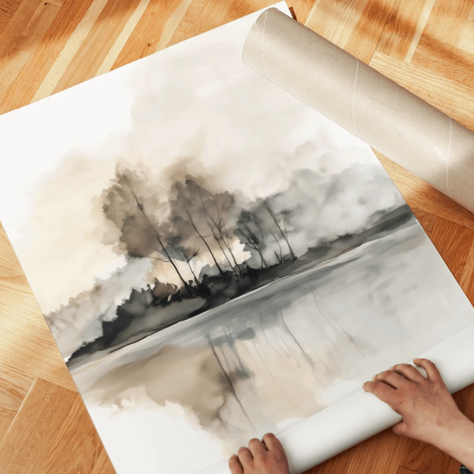 neutral misty lakeside landscape wall art set of 2, unrolled across a herringbone parquet floor by hand