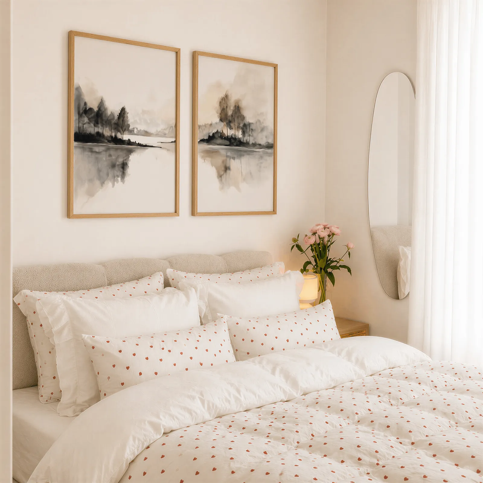 neutral misty lakeside landscape wall art set of 2, above a tufted headboard piled with heart-print pillows