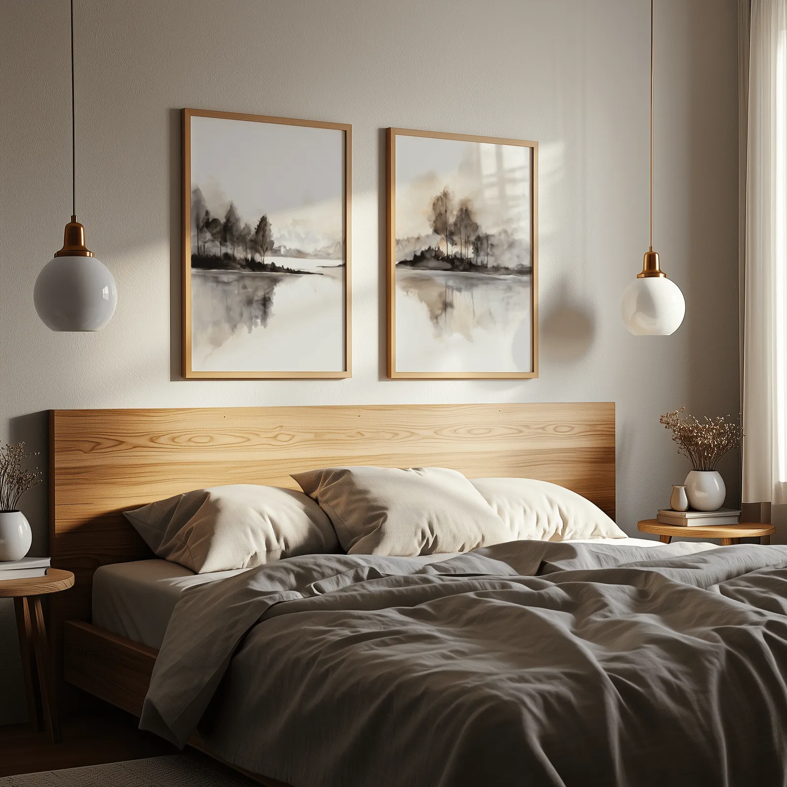 neutral misty lakeside landscape wall art set of 2, above a wooden headboard flanked by globe pendant lights