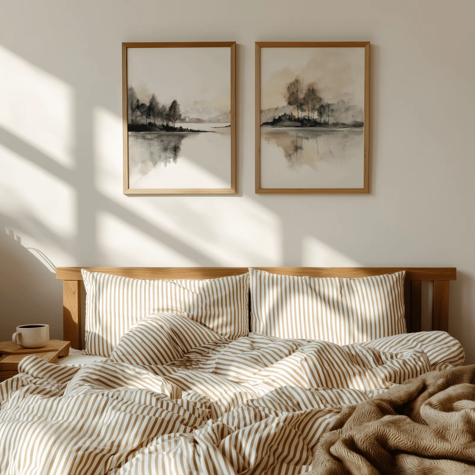 neutral misty lakeside landscape wall art set of 2, above a wooden headboard with striped bedding and raking sunlight