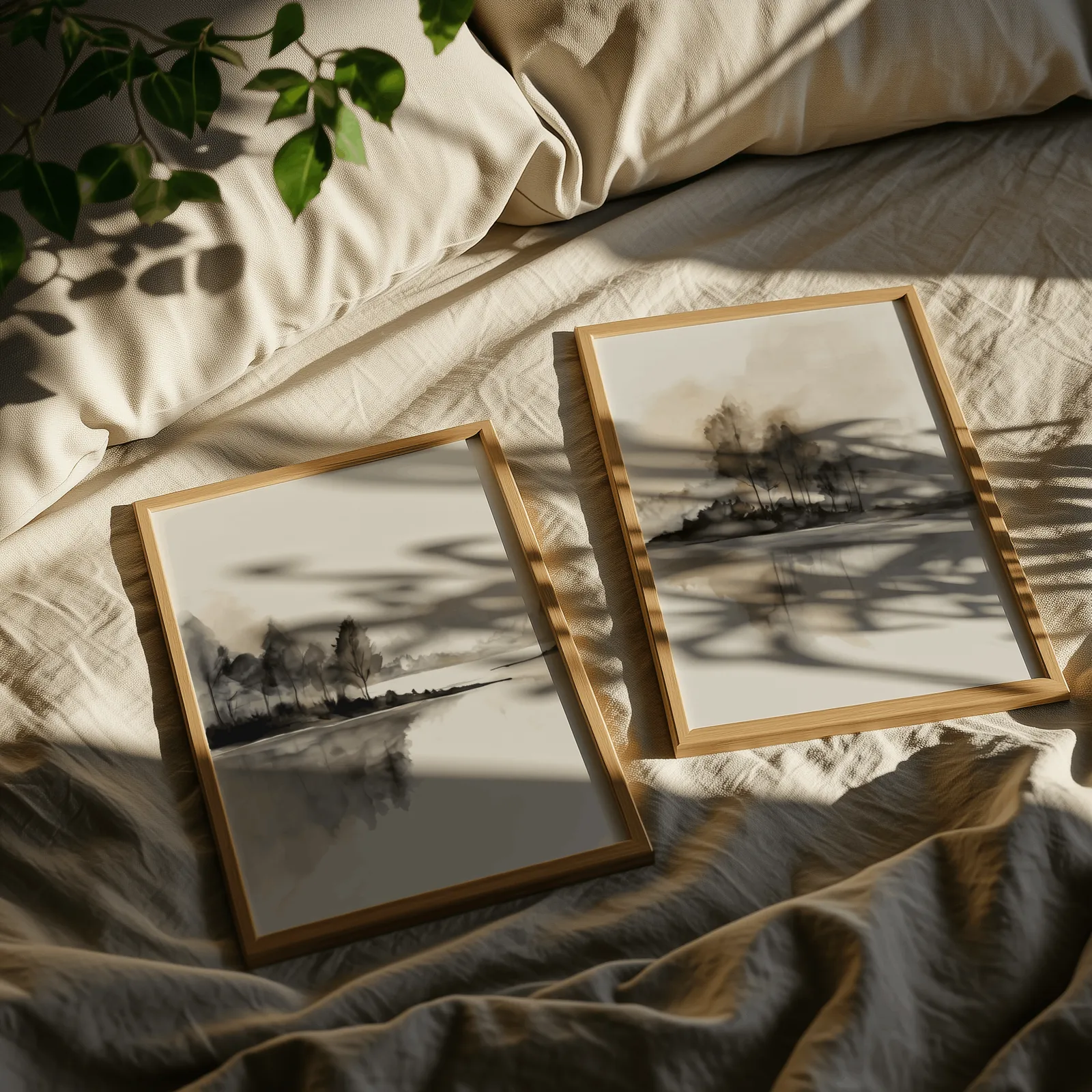neutral misty lakeside landscape wall art set of 2, resting on rumpled linen sheets with dappled leaf shadows