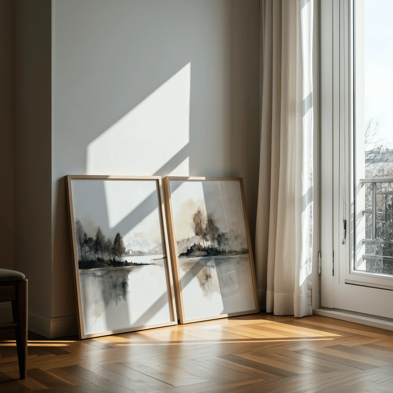 neutral misty lakeside landscape wall art set of 2, leaning against a sunlit wall by a curtained balcony door