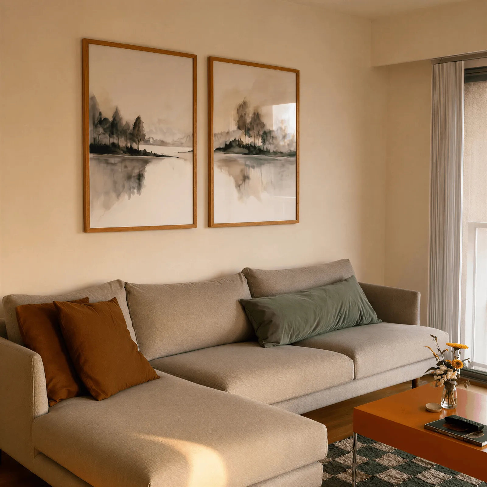 neutral misty lakeside landscape wall art set of 2, side by side above a beige sectional sofa