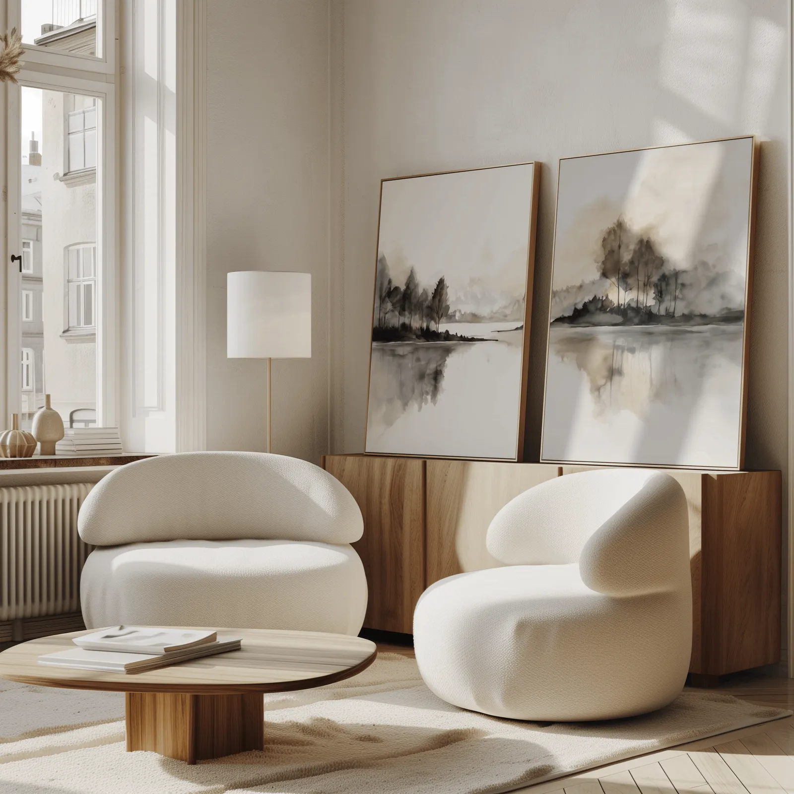 neutral misty lakeside landscape wall art set of 2, propped against a wooden sideboard beside boucle armchairs