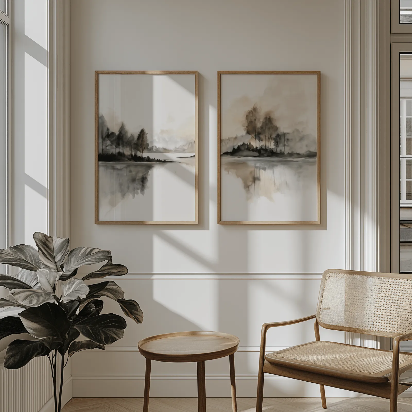 neutral misty lakeside landscape wall art set of 2, above wainscoting beside a cane armchair and fiddle-leaf fig