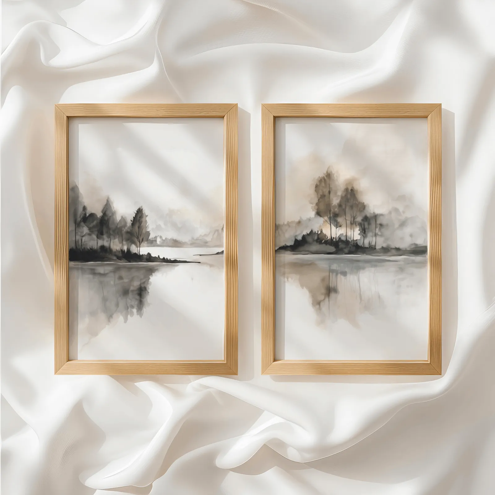 neutral misty lakeside landscape wall art set of 2, side by side atop rumpled white silky fabric