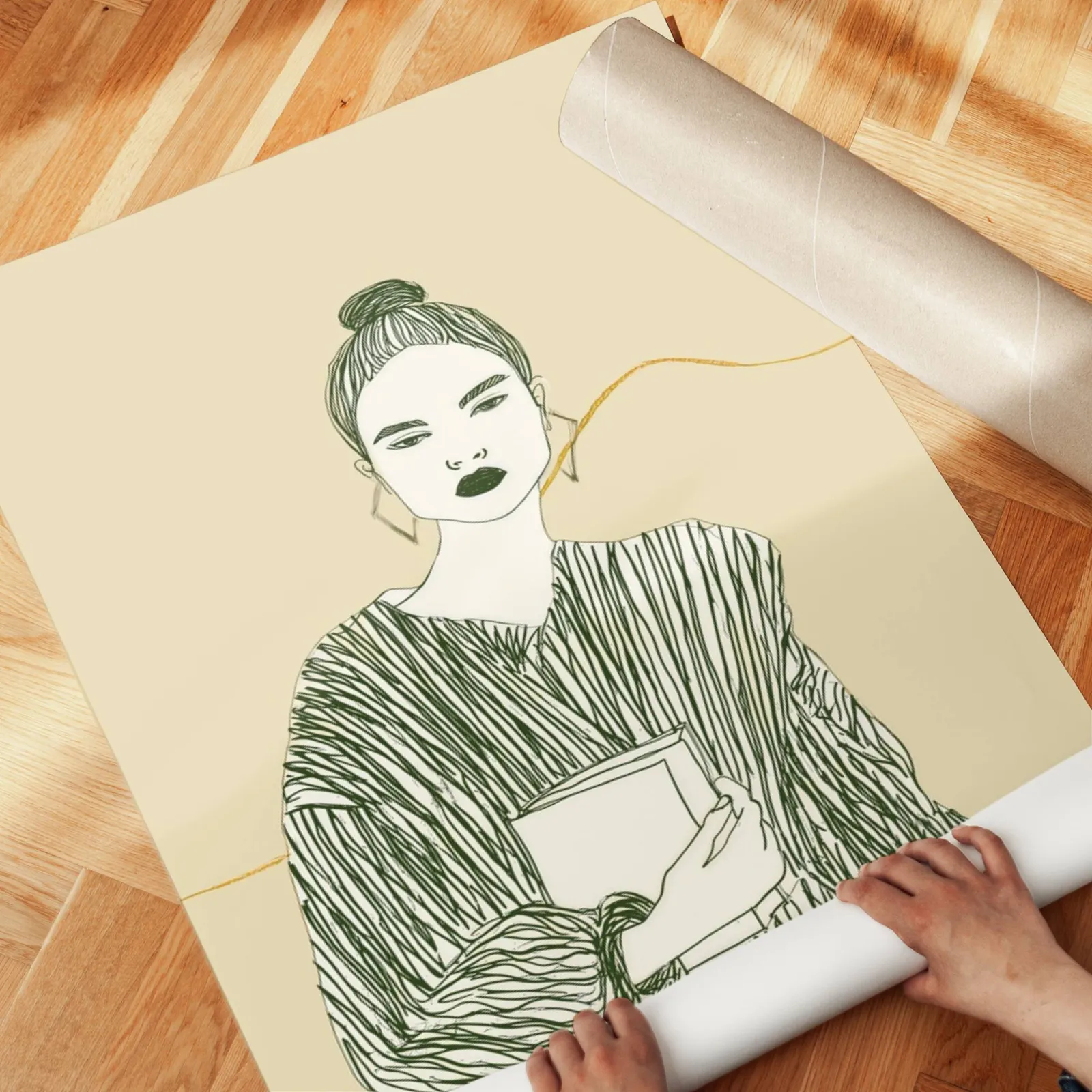 beige green modern woman reading wall art, unrolled across a herringbone parquet floor by hand