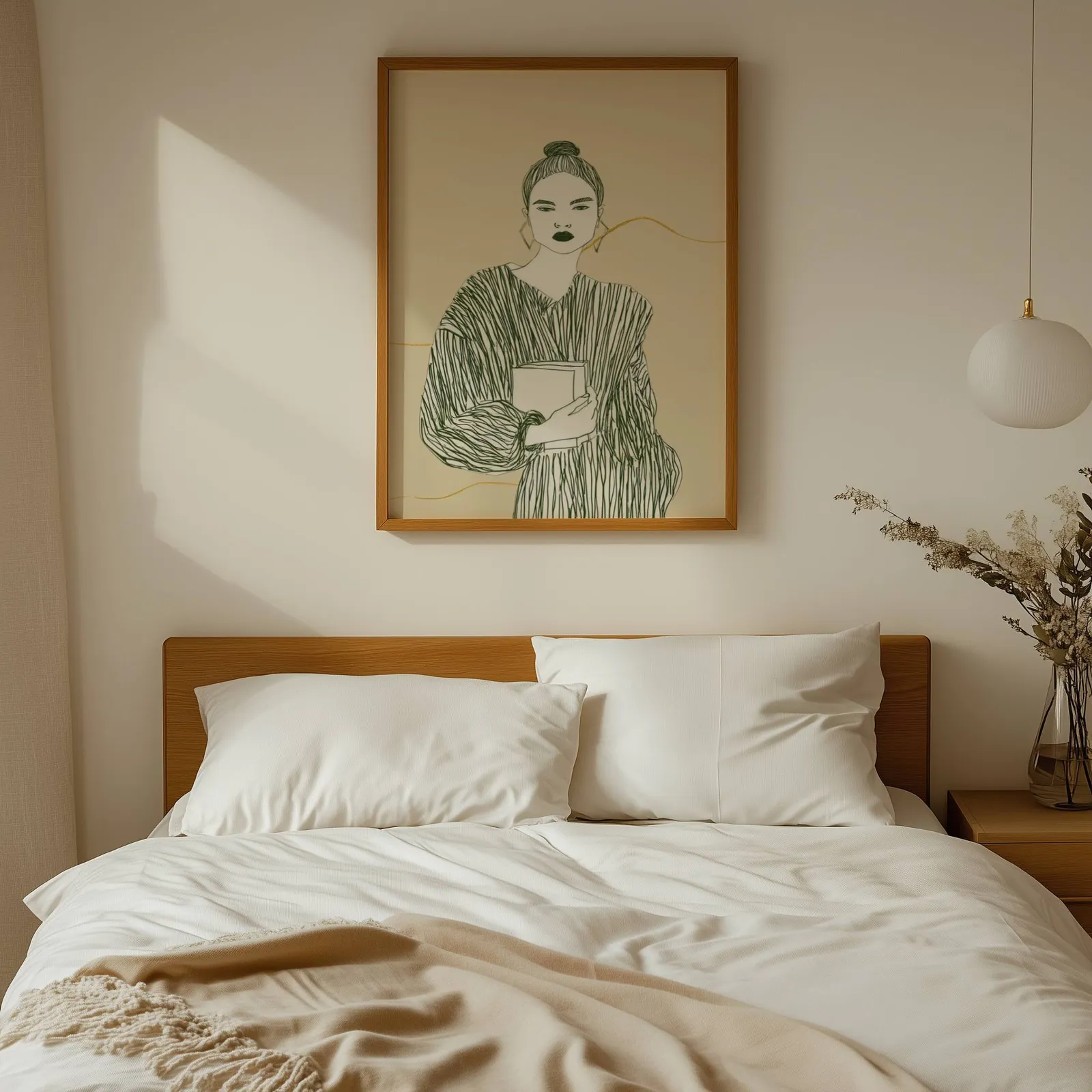 beige green modern woman reading wall art, above a wooden headboard with white linen pillows