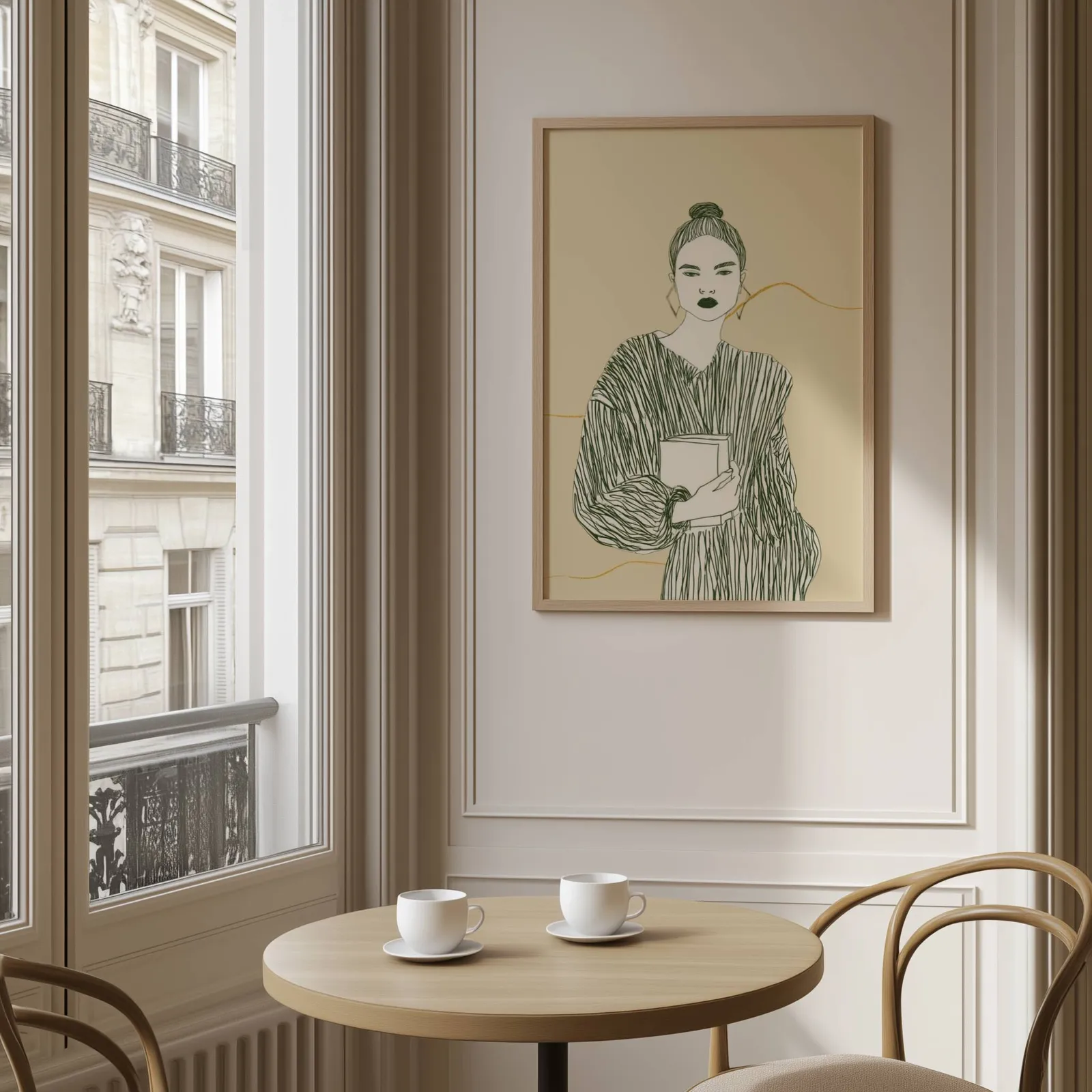 beige green modern woman reading wall art, above a round café table set with two coffee cups