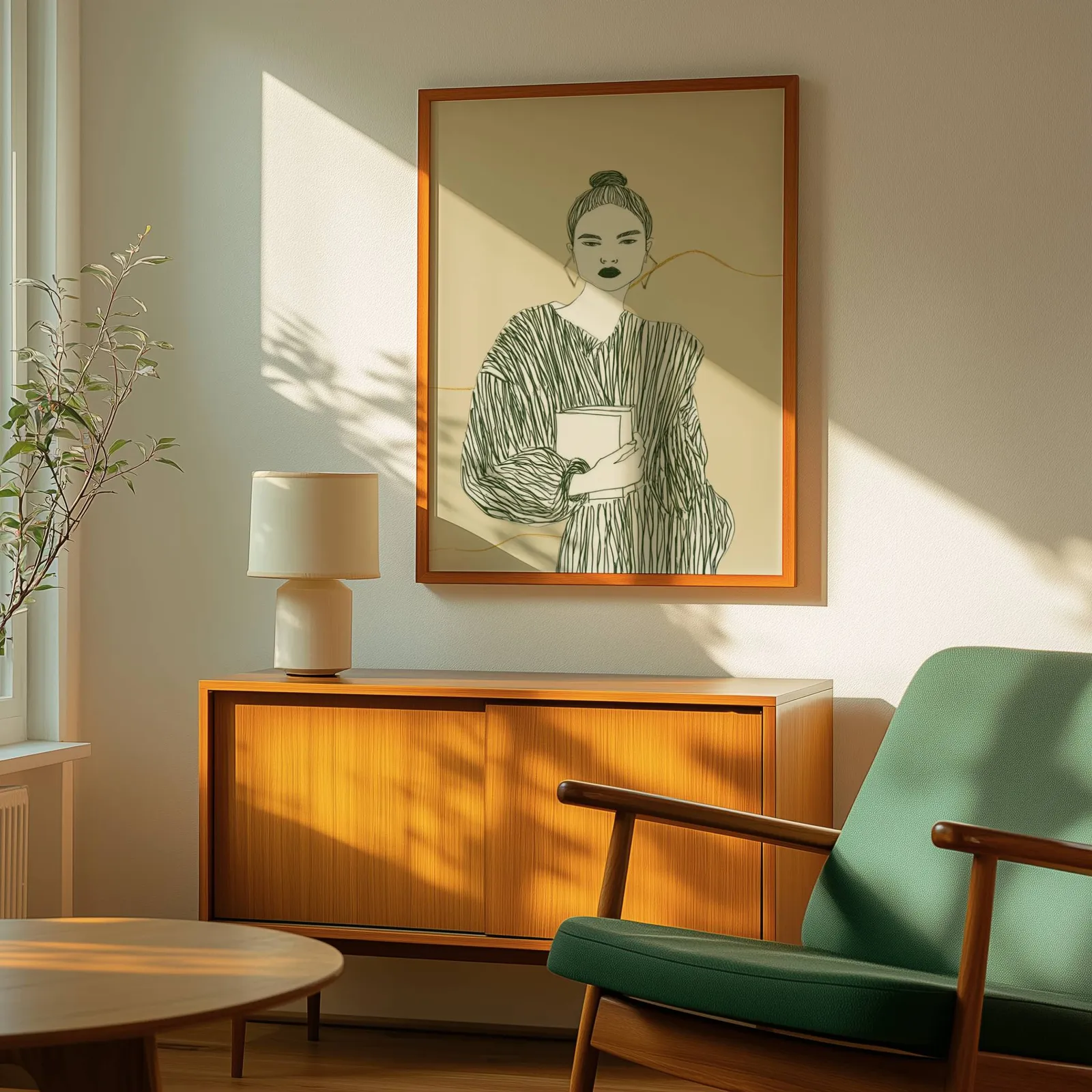 beige green modern woman reading wall art, above a wooden sideboard with a ceramic lamp and dappled sunlight