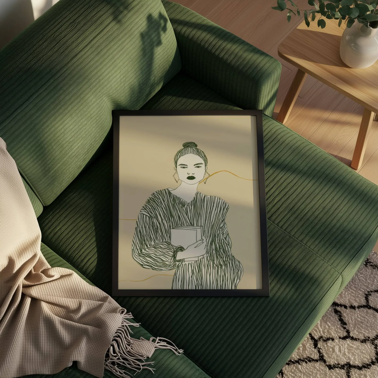 beige green modern woman reading wall art, propped on a ribbed olive-green sofa beside a fringed throw